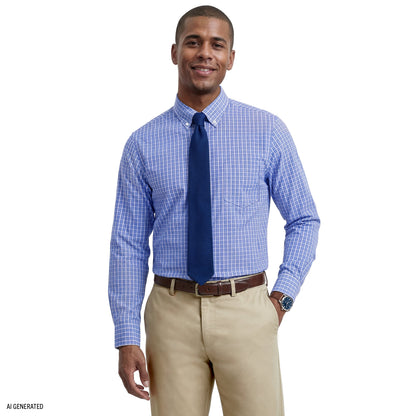 Izod ALL-OVER STRETCH L/S PLAID BUTTON-DOWN DRESS SHIRT - ULTRAMARINE