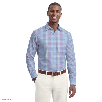 Izod ALL-OVER STRETCH L/S PLAID BUTTON-DOWN DRESS SHIRT - ULTRAMARINE