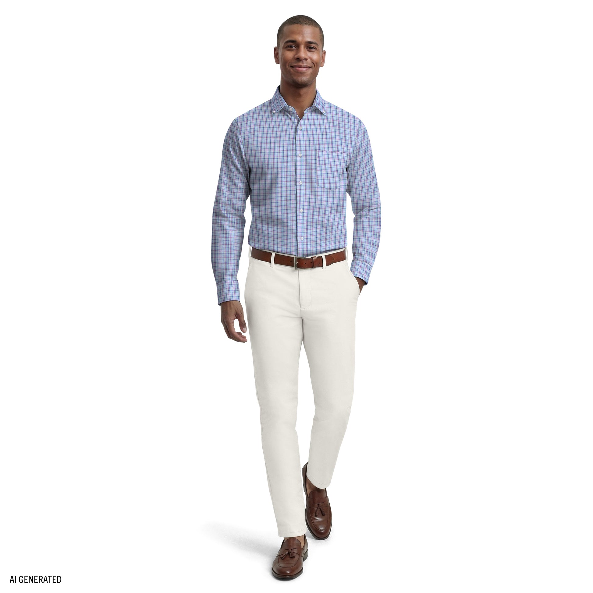 Izod ALL-OVER STRETCH L/S PLAID BUTTON-DOWN DRESS SHIRT - ULTRAMARINE