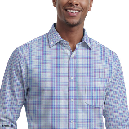 Izod ALL-OVER STRETCH L/S PLAID BUTTON-DOWN DRESS SHIRT - ULTRAMARINE
