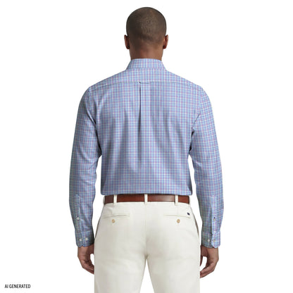 Izod ALL-OVER STRETCH L/S PLAID BUTTON-DOWN DRESS SHIRT - ULTRAMARINE