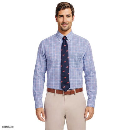 Izod ALL-OVER STRETCH L/S PLAID BUTTON-DOWN DRESS SHIRT - ULTRAMARINE