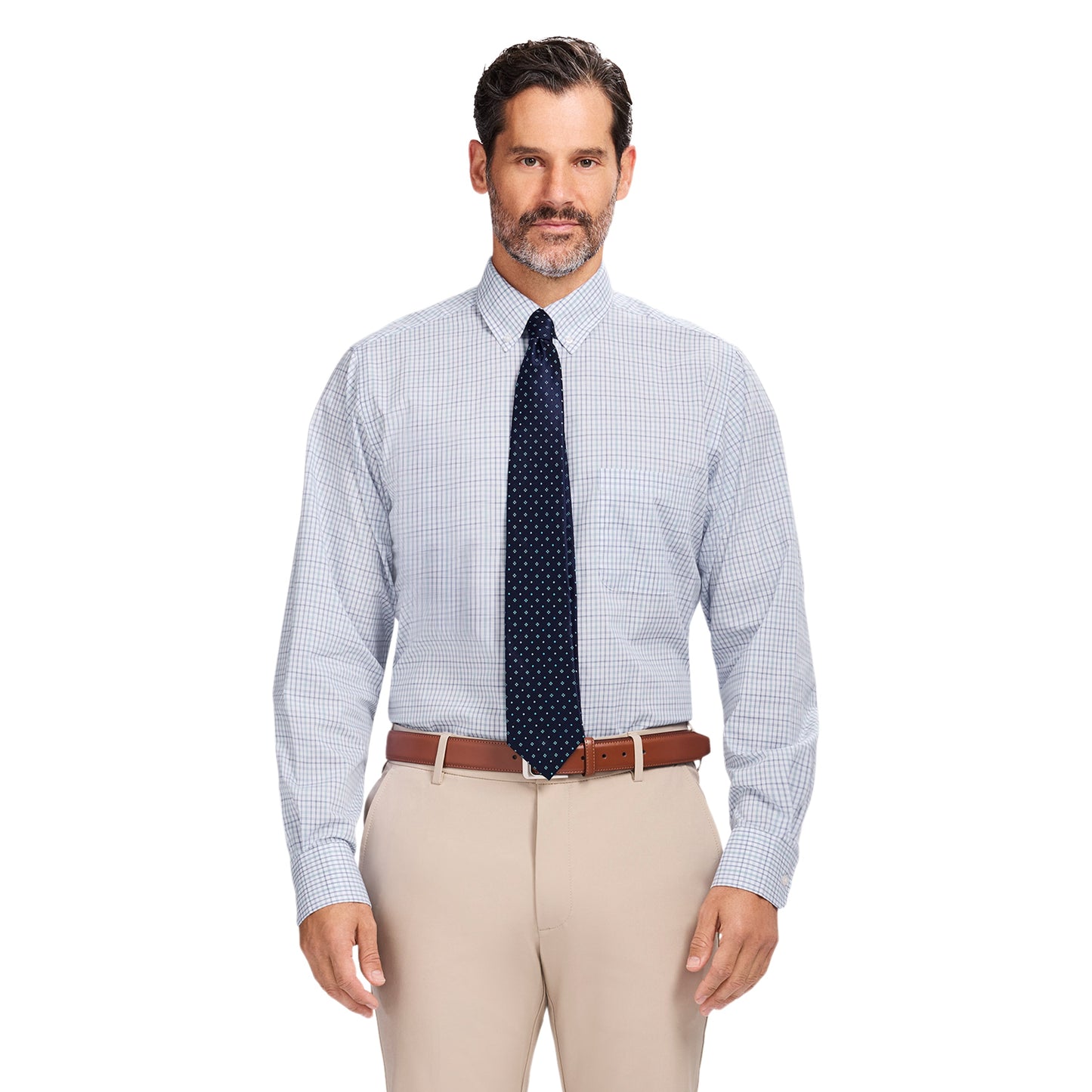 Izod ALL-OVER STRETCH L/S PLAID BUTTON-DOWN DRESS SHIRT - PAGODA BLUE