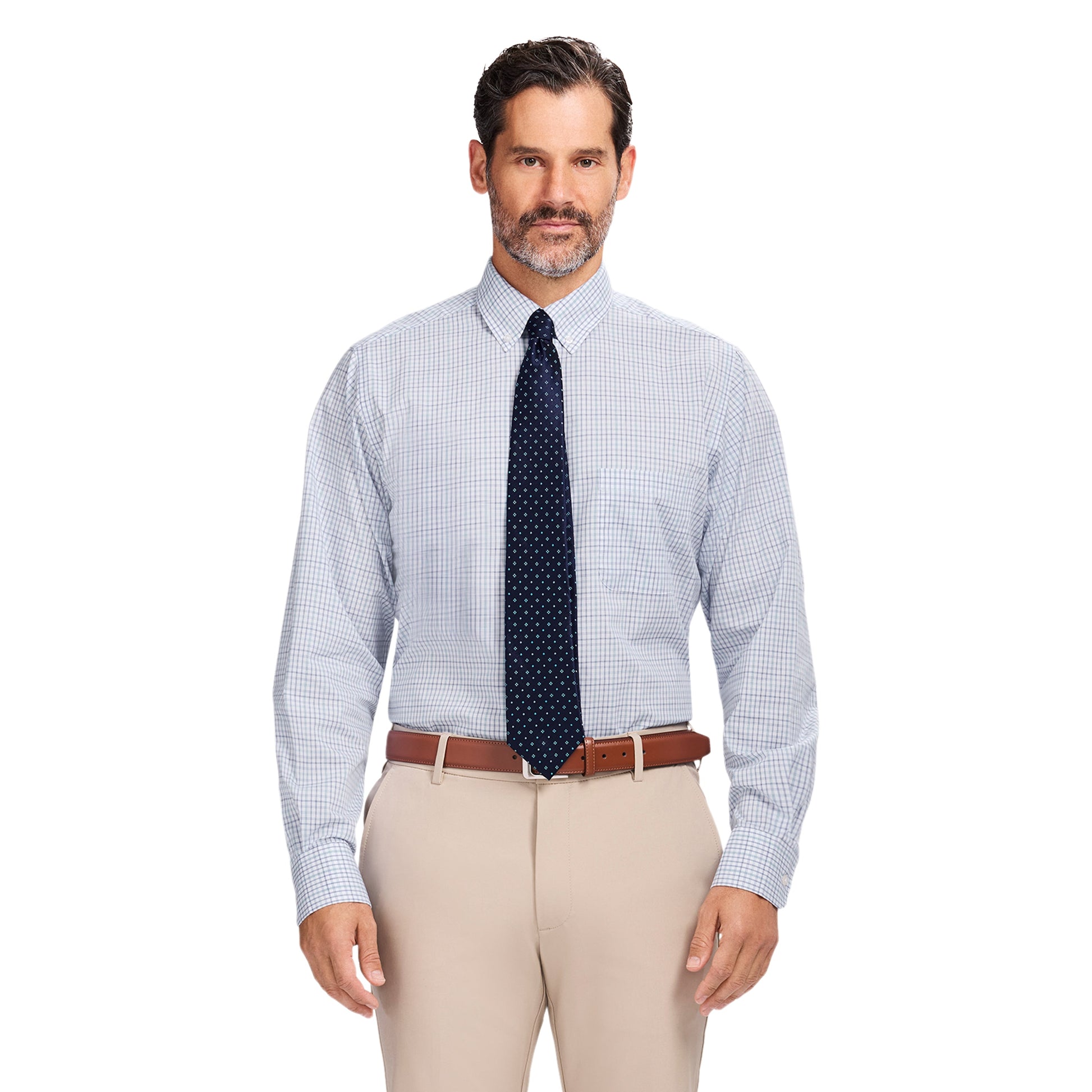 Izod ALL-OVER STRETCH L/S PLAID BUTTON-DOWN DRESS SHIRT - PAGODA BLUE