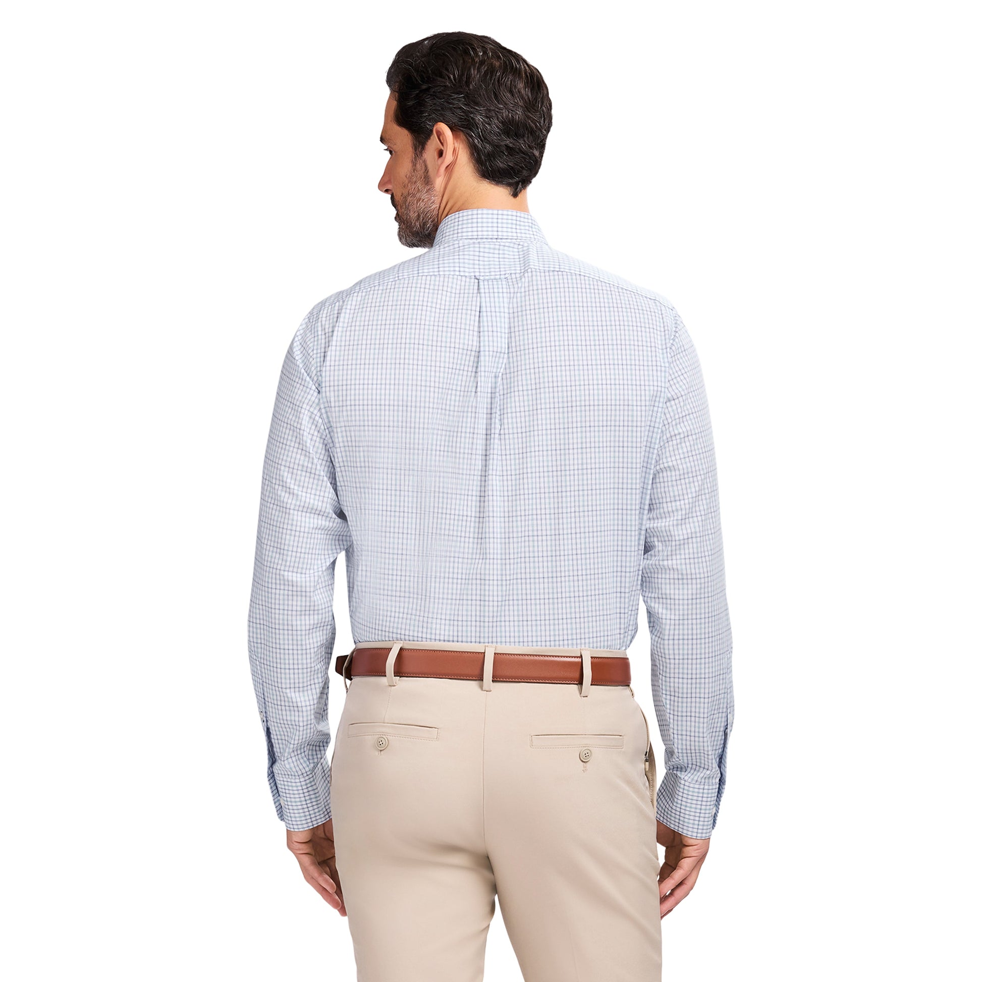 Izod ALL-OVER STRETCH L/S PLAID BUTTON-DOWN DRESS SHIRT - PAGODA BLUE