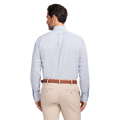 Izod ALL-OVER STRETCH L/S PLAID BUTTON-DOWN DRESS SHIRT - PAGODA BLUE