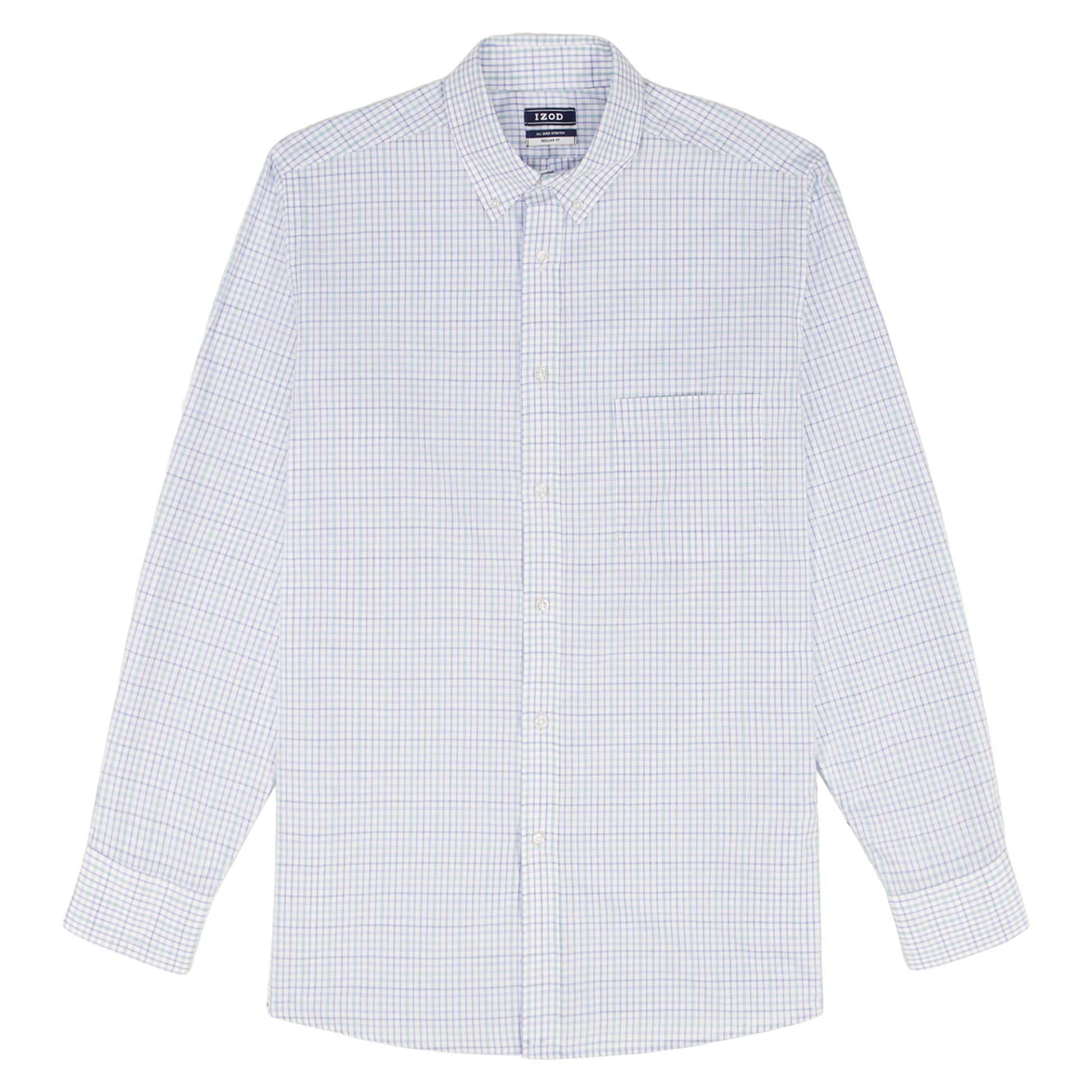 Izod ALL-OVER STRETCH L/S PLAID BUTTON-DOWN DRESS SHIRT - PAGODA BLUE