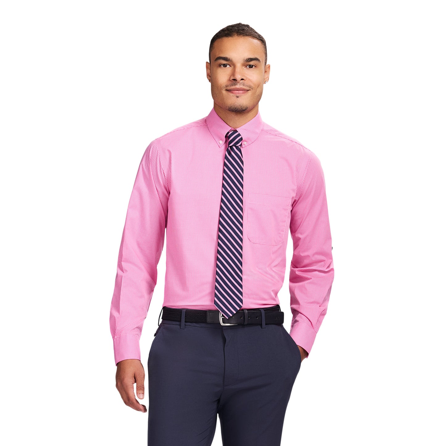 Izod ALL-OVER STRETCH L/S PLAID BUTTON-DOWN DRESS SHIRT - CONE FLOWER