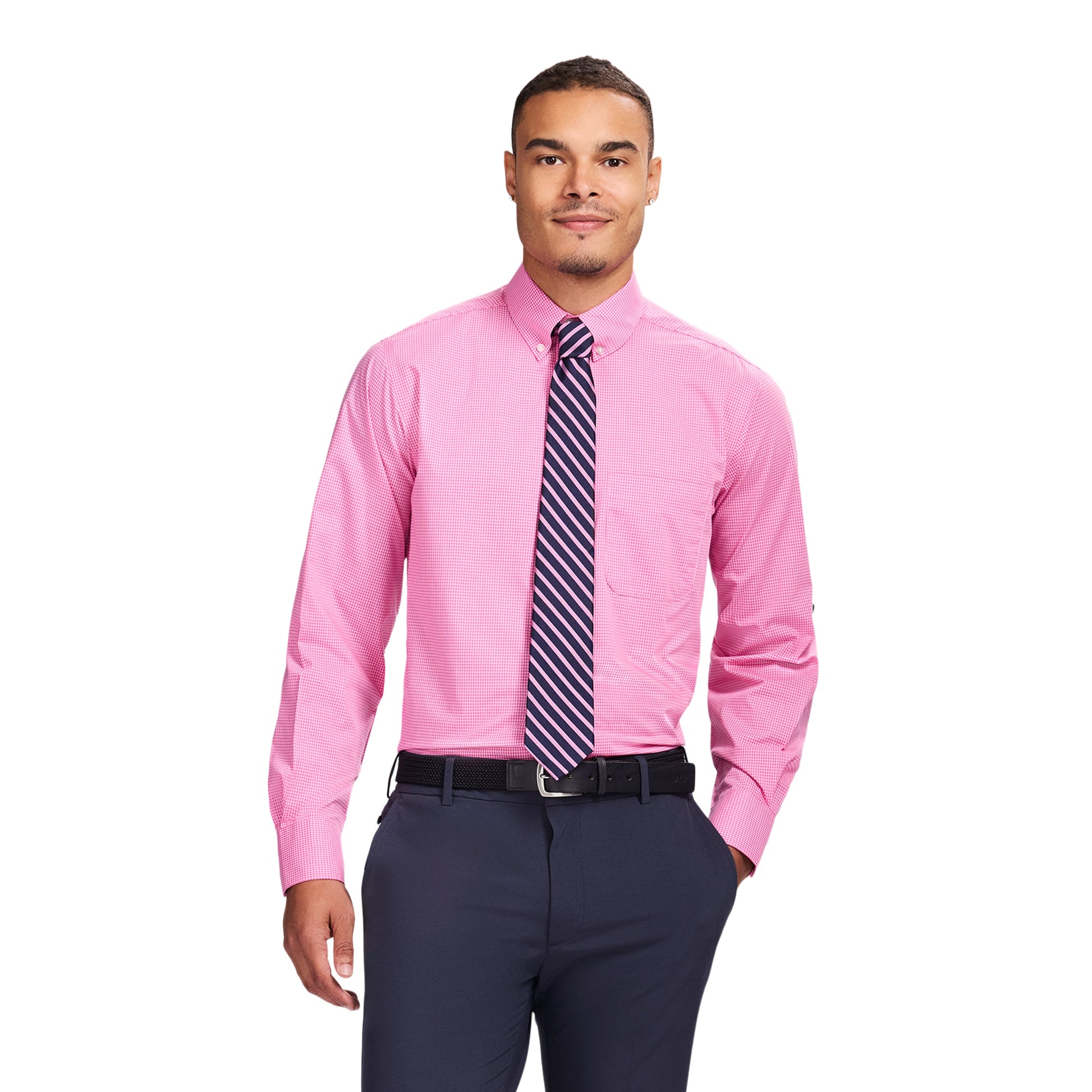 Izod ALL-OVER STRETCH L/S PLAID BUTTON-DOWN DRESS SHIRT - CONE FLOWER