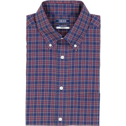 Izod All Over Stretch Tartan Button Down Dress Shirt - Medieval Blue