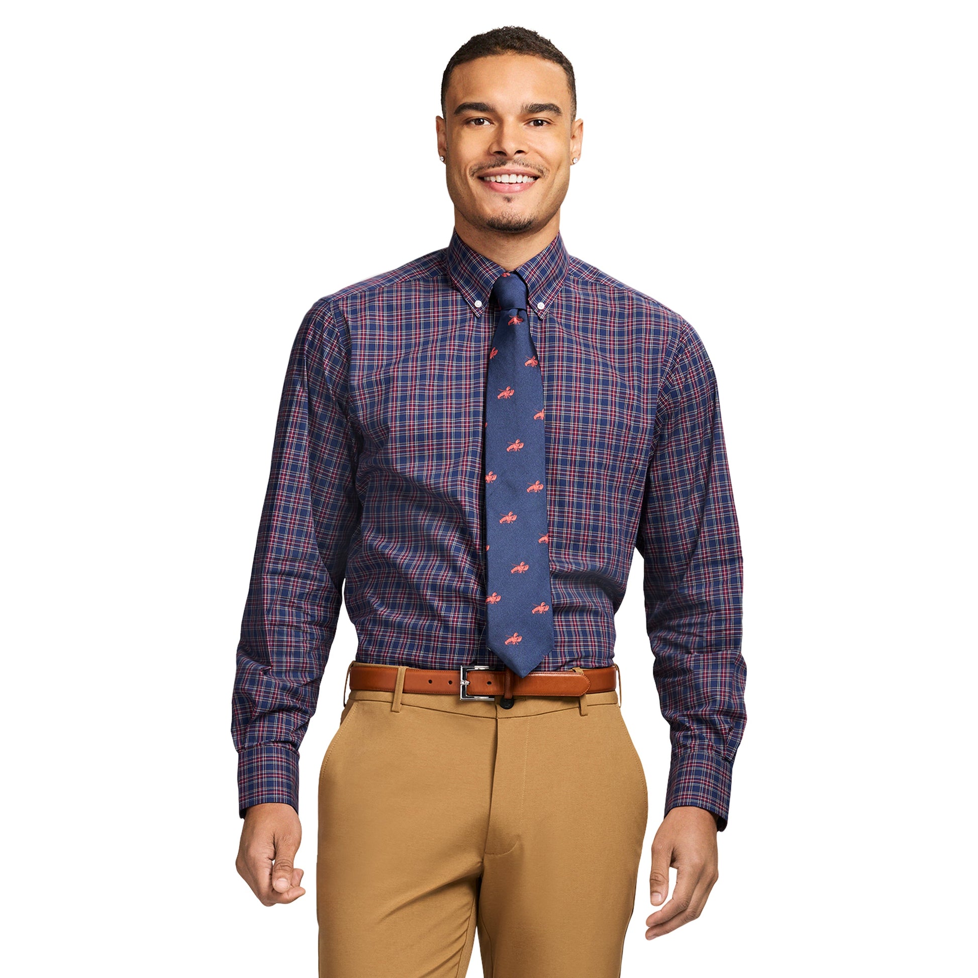 Izod All Over Stretch Tartan Button Down Dress Shirt - Medieval Blue