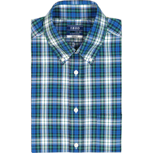 Izod All Over Stretch Tartan Button Down Dress Shirt - Evergreen