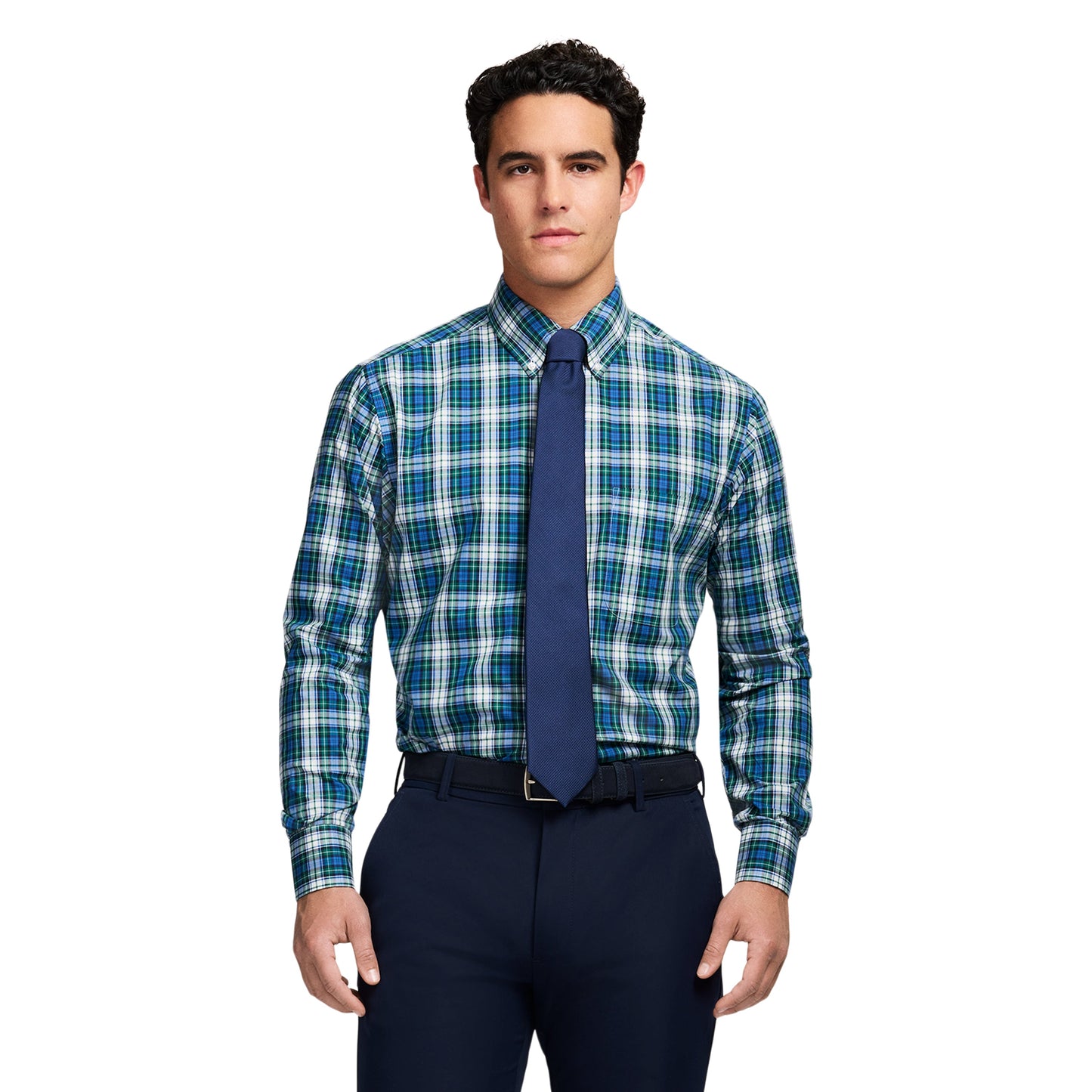 Izod All Over Stretch Tartan Button Down Dress Shirt - Evergreen