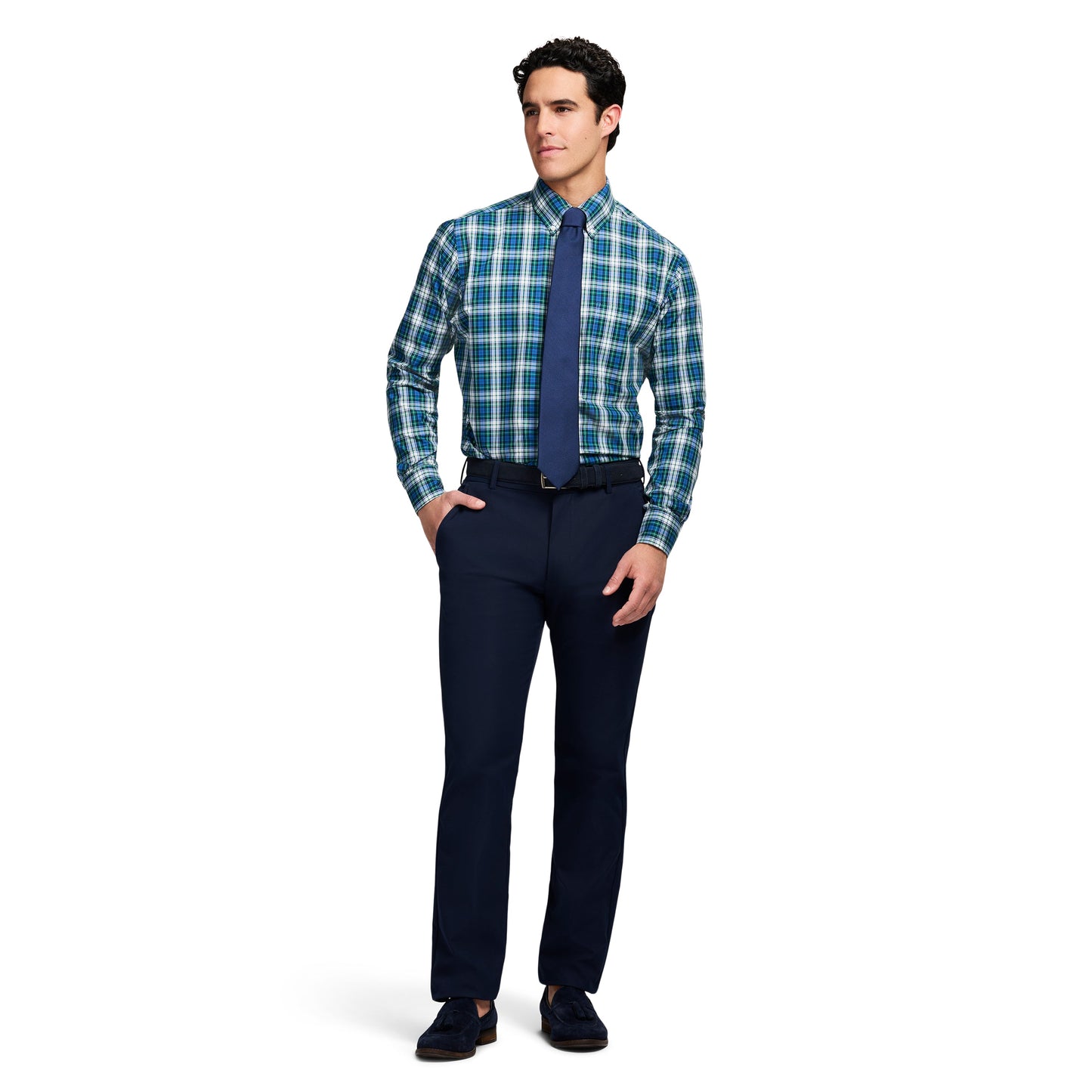 Izod All Over Stretch Tartan Button Down Dress Shirt - Evergreen