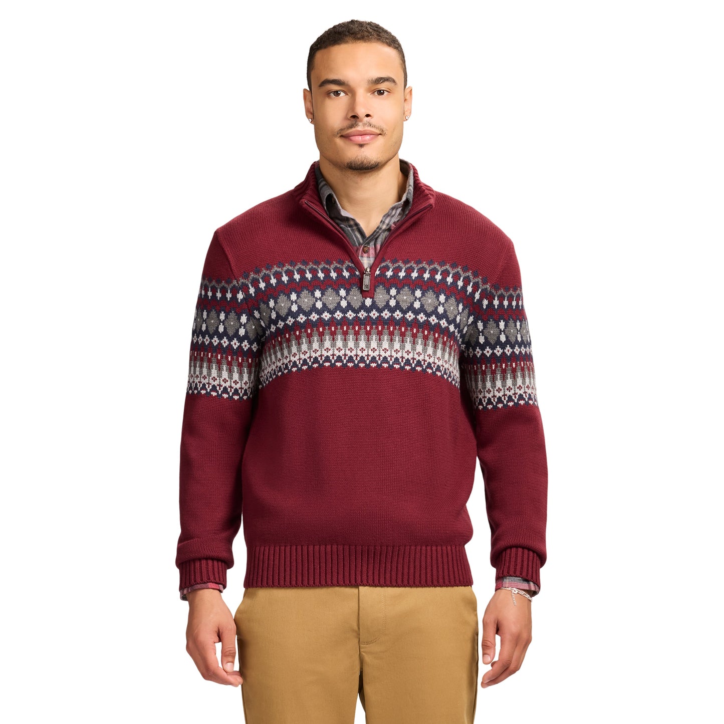 Izod Holiday Fairisle Quarter Zip Sweater - Velvet Maroon