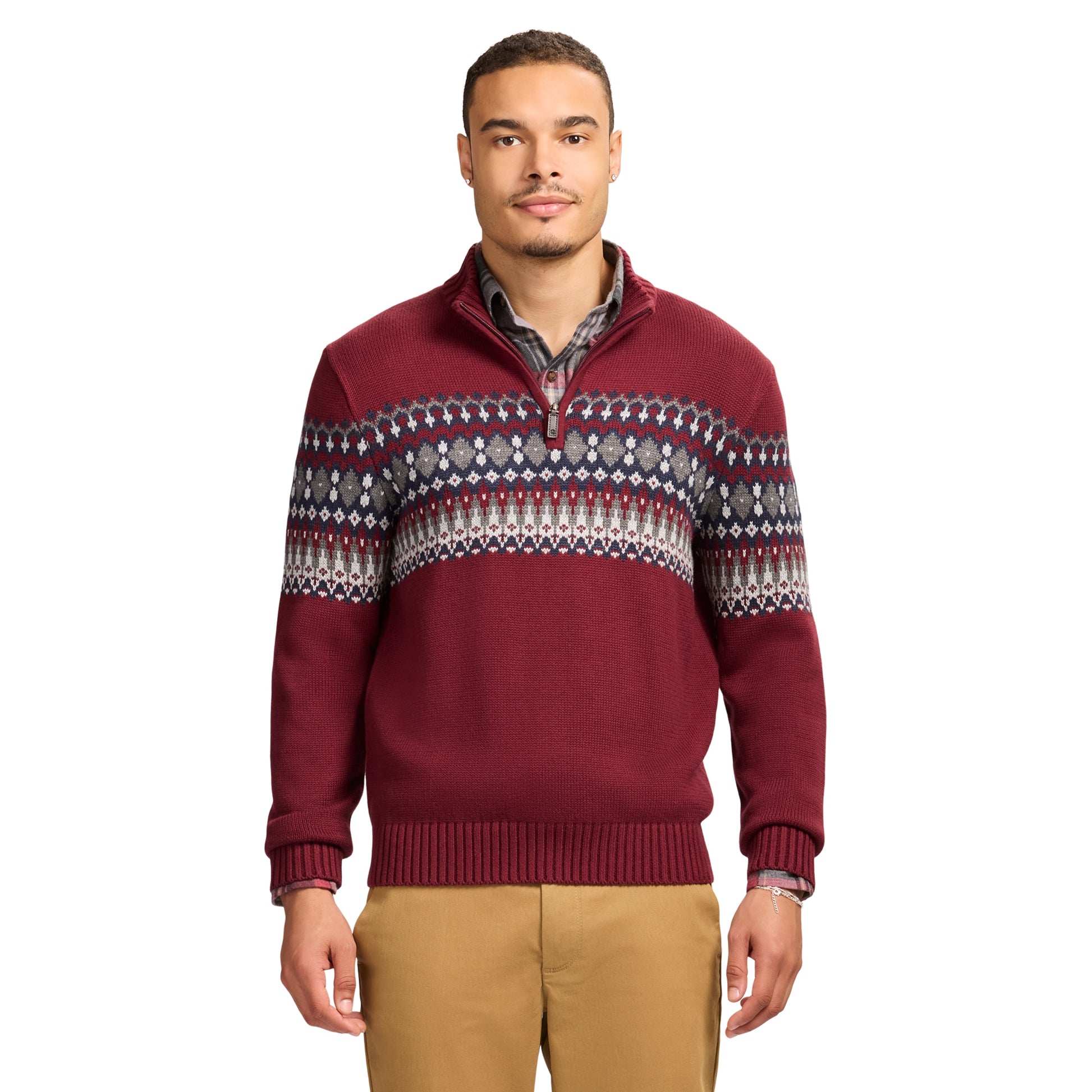 Izod Holiday Fairisle Quarter Zip Sweater - Velvet Maroon