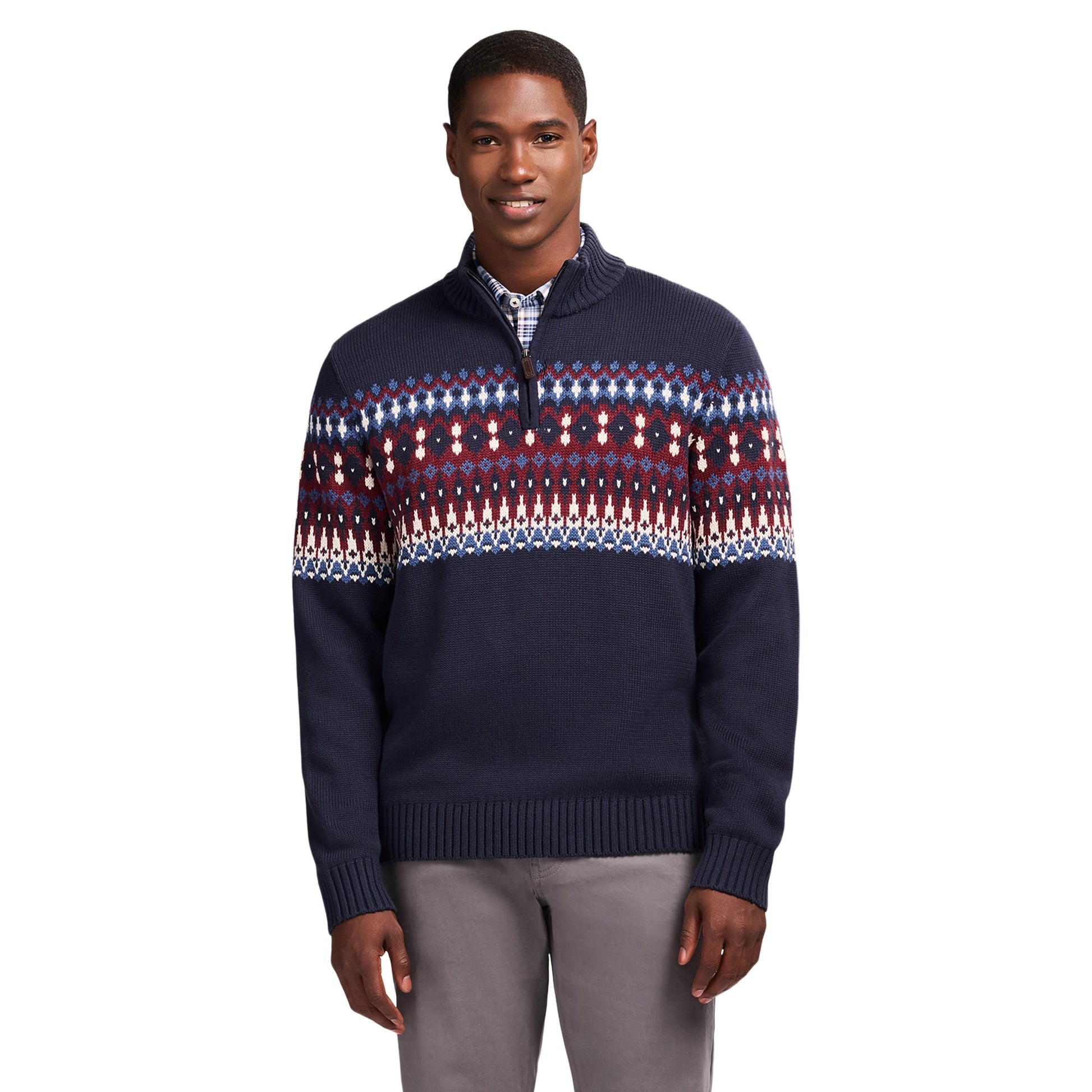 Izod Holiday Fairisle Quarter Zip Sweater - Navy Blazer