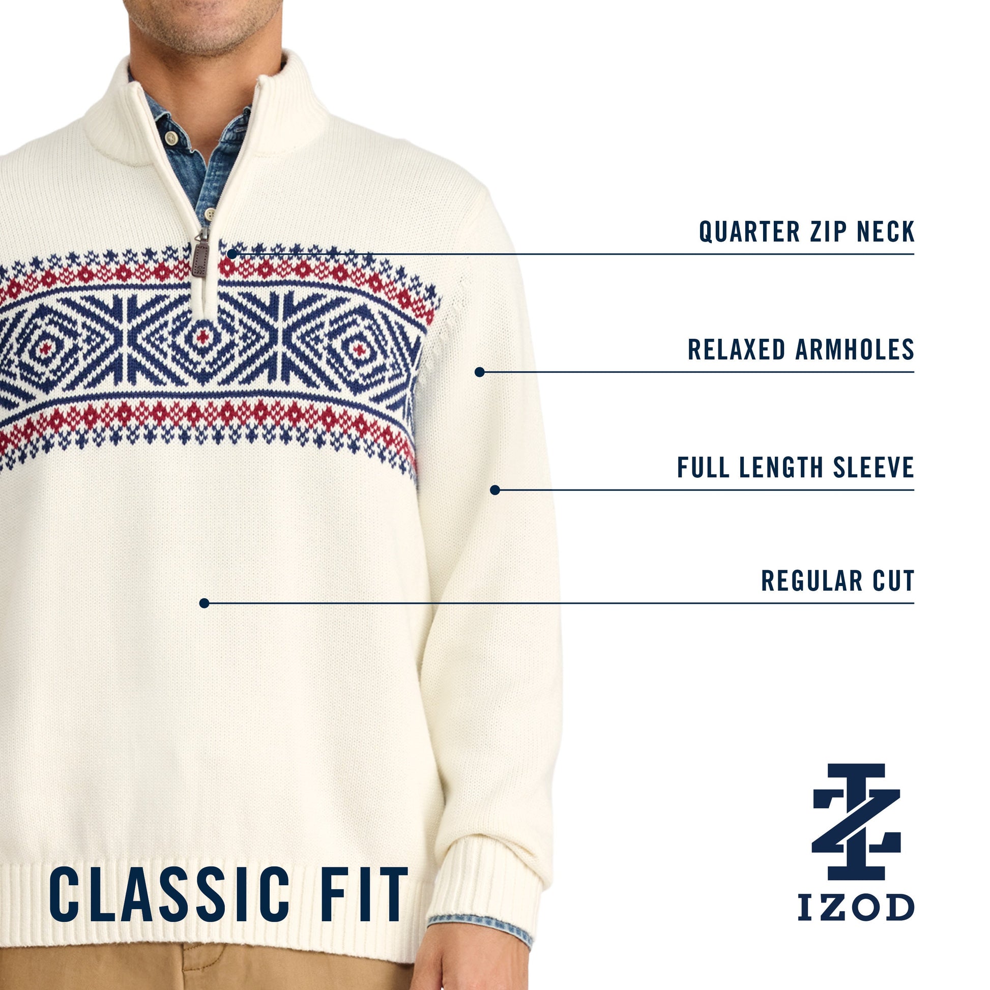 Izod Holiday Fairisle Quarter Zip Sweater - Navy Blazer