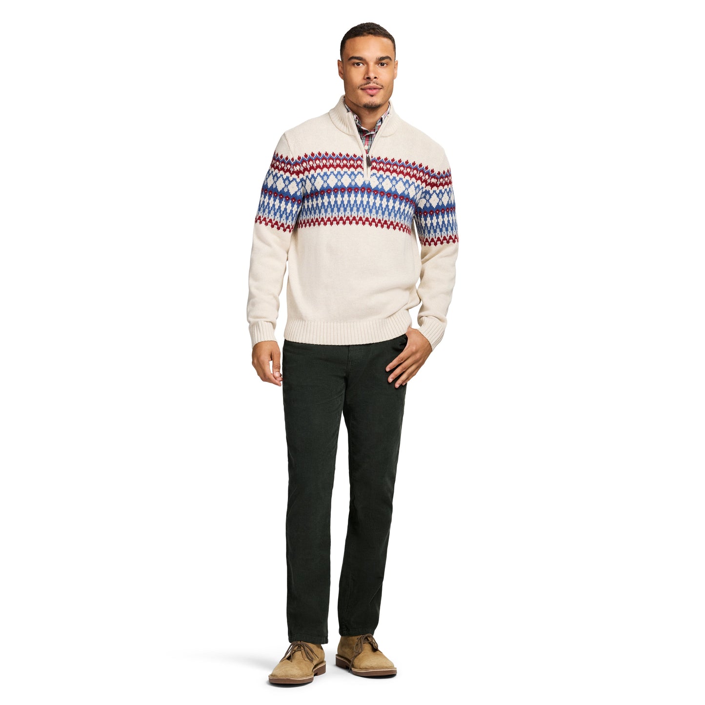 Izod Holiday Fairisle Quarter Zip Sweater - Rock Hthr