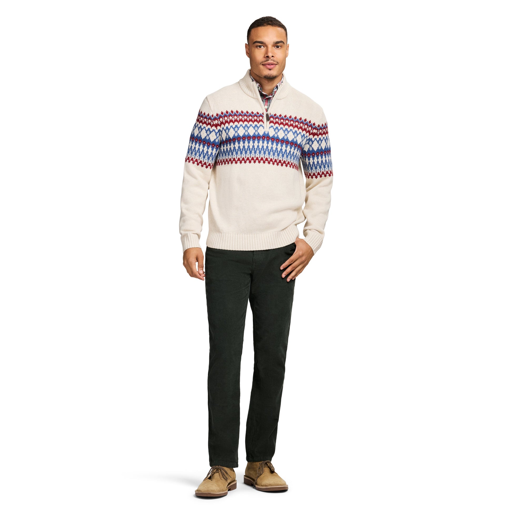Izod Holiday Fairisle Quarter Zip Sweater - Rock Hthr