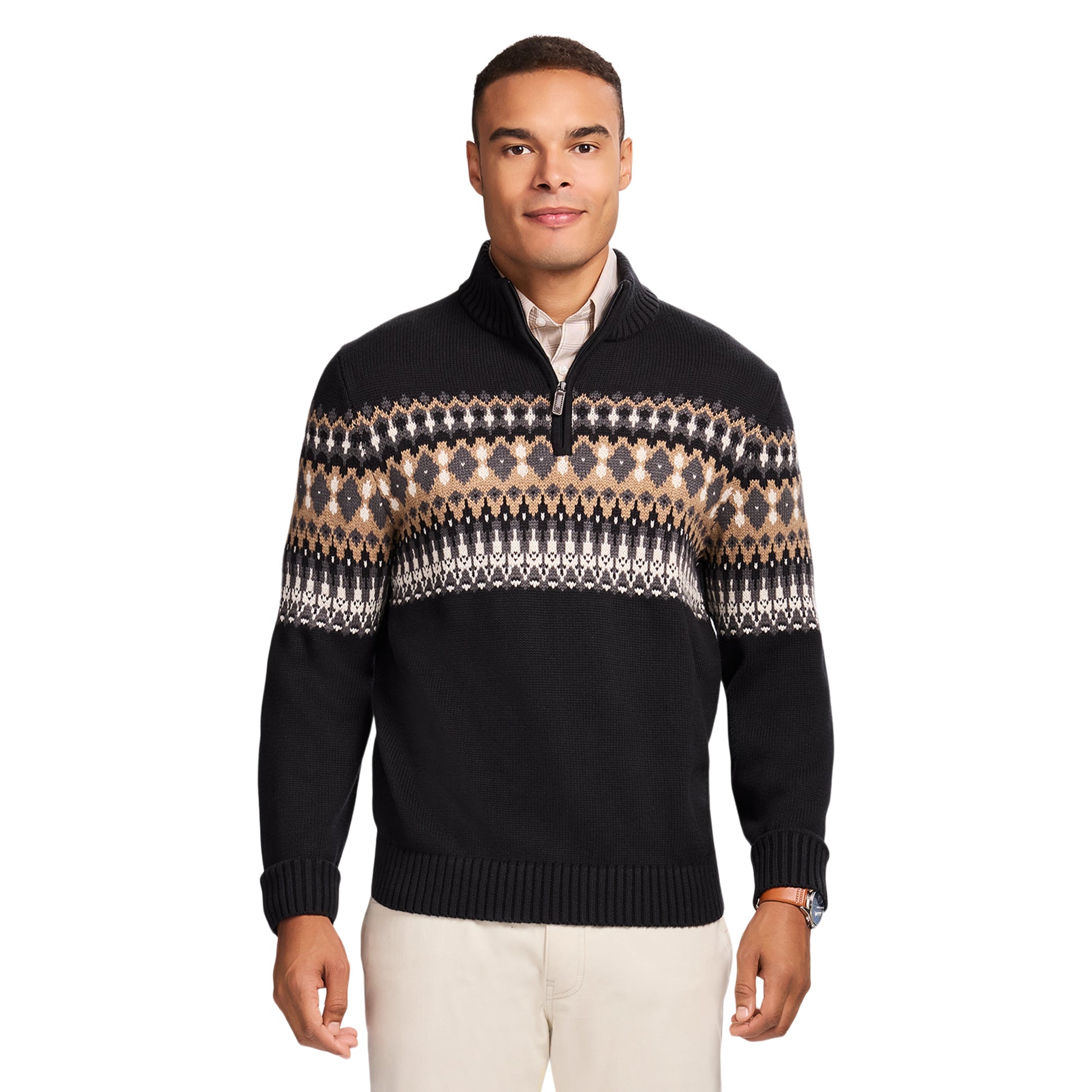 Izod Holiday Fairisle Quarter Zip Sweater - Black
