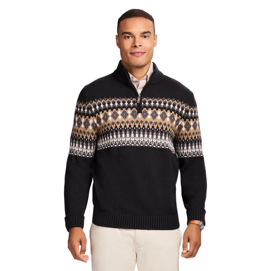 Izod Holiday Fairisle Quarter Zip Sweater - Black