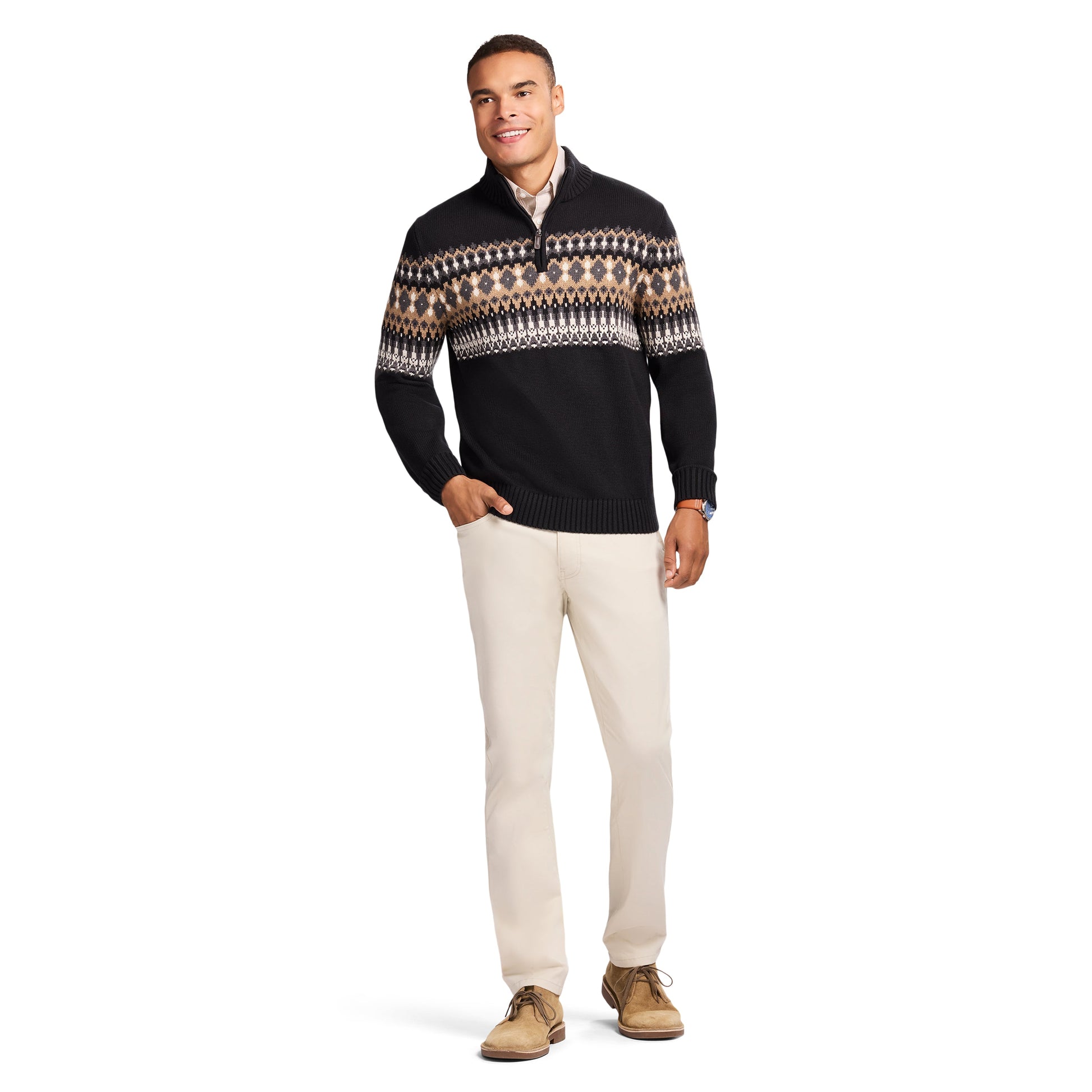 Izod Holiday Fairisle Quarter Zip Sweater - Black