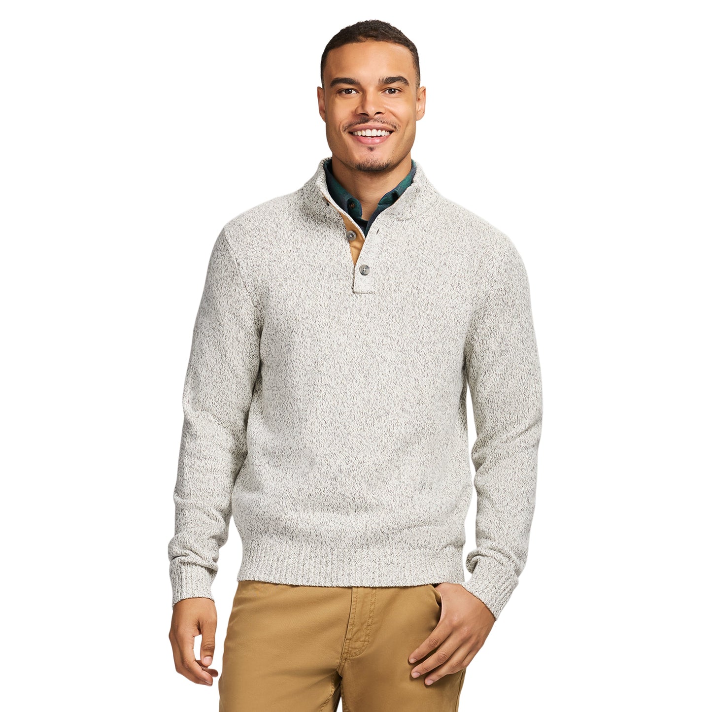 Izod Holiday Button Mock Sweater - Rock Hthr