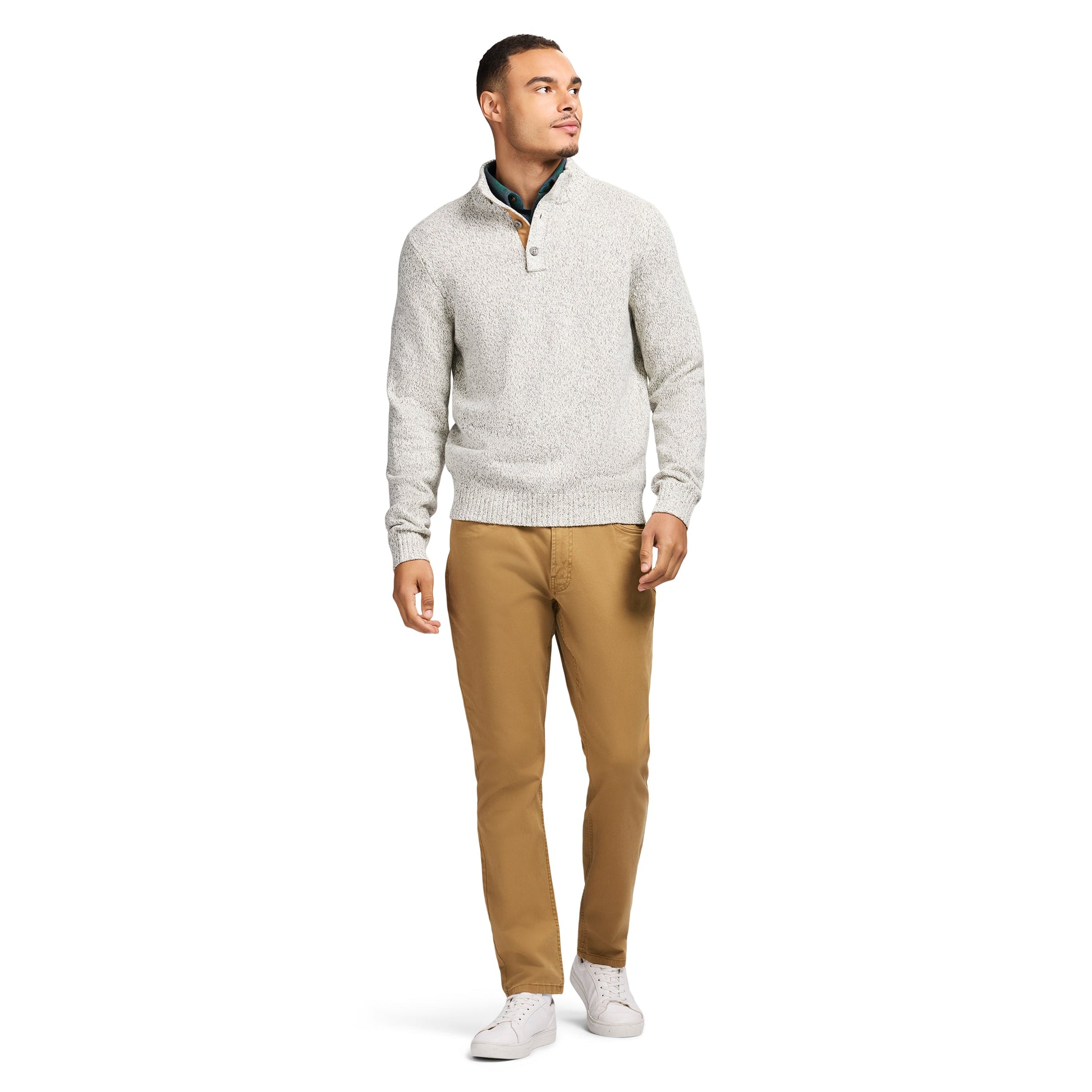 Izod Holiday Button Mock Sweater - Rock Hthr
