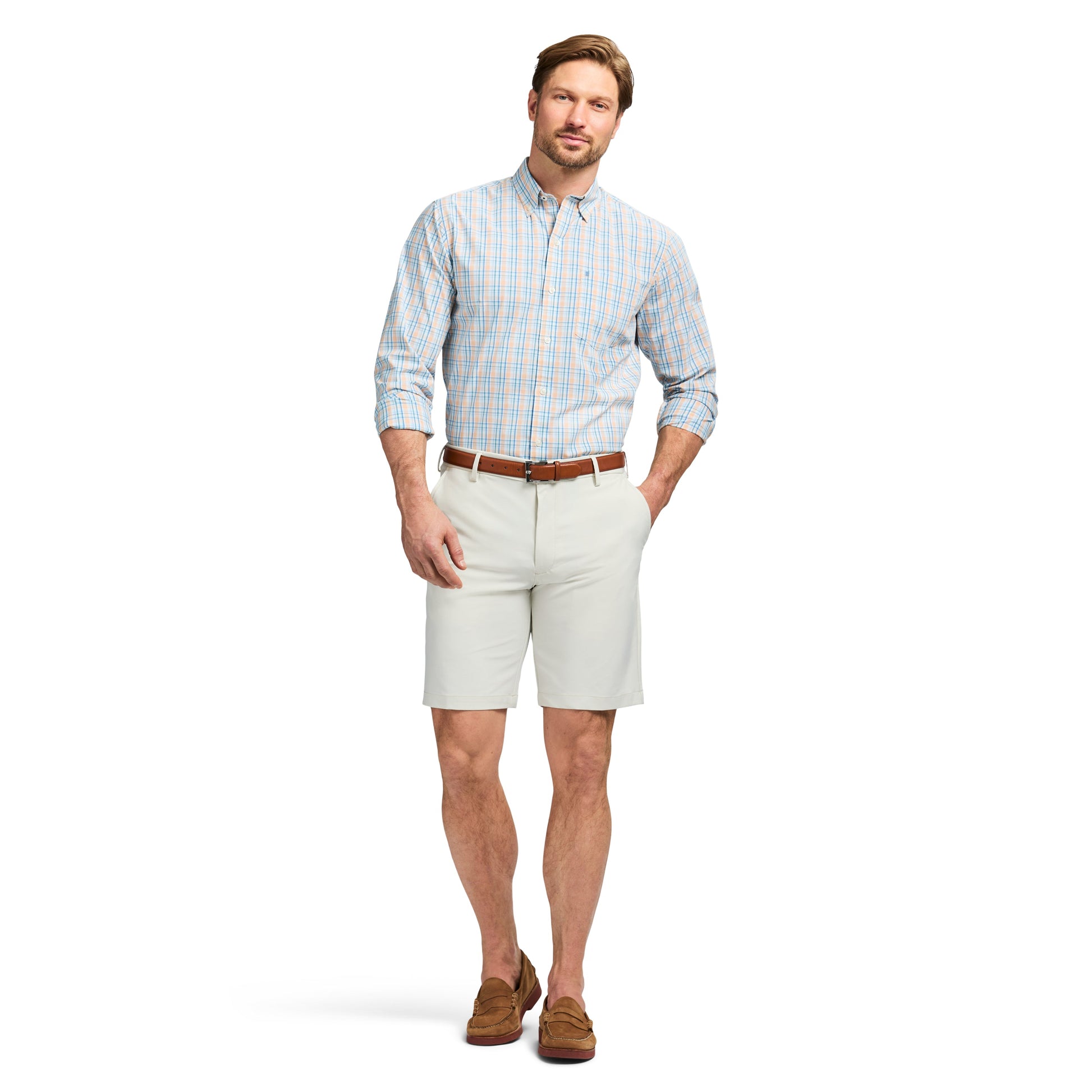 Izod Non-Iron Stretch Straight Fit Flat Front Traveler Short - Silver Birch Hthr