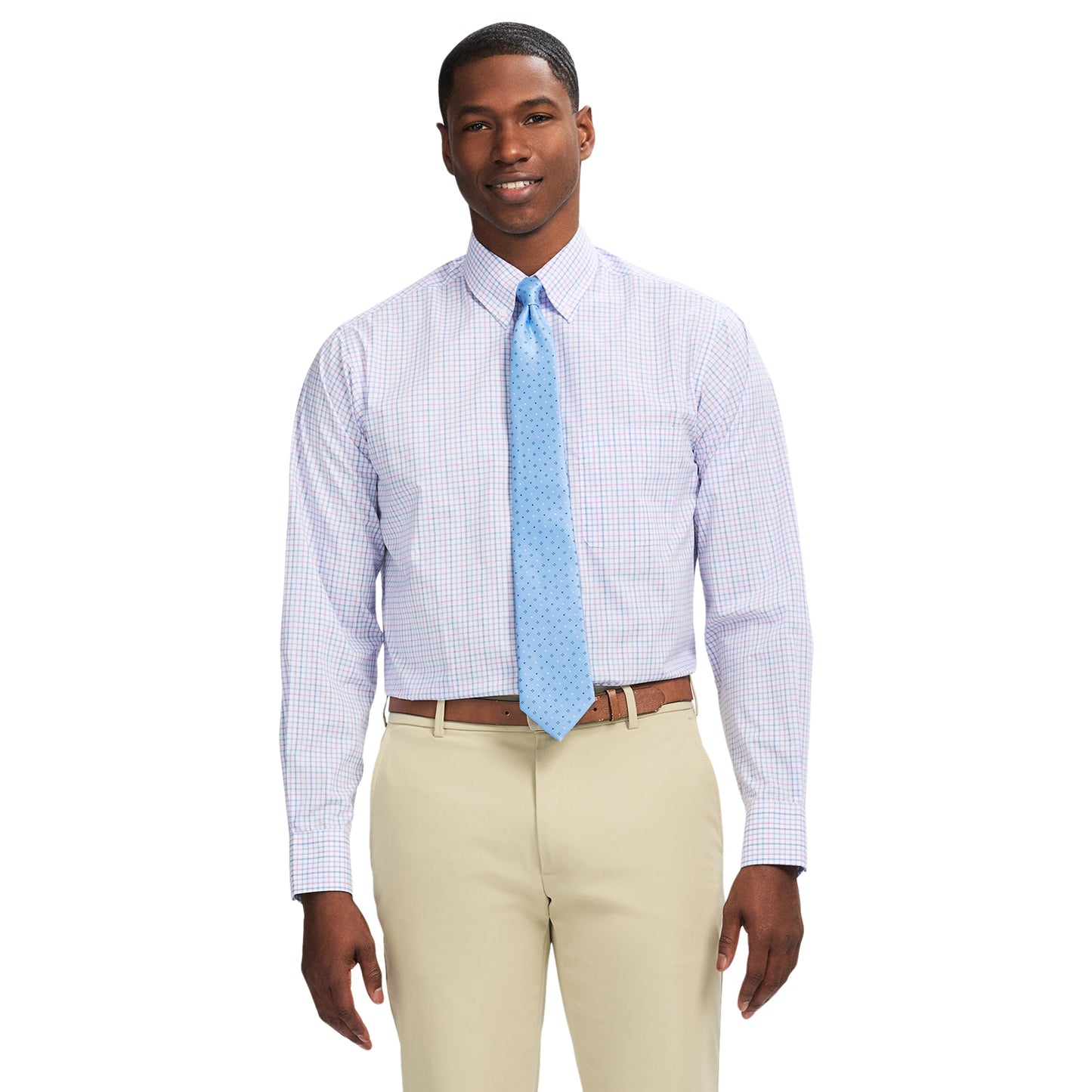 Izod All Over Stretch Plaid Button Down Dress Shirt (Button Down Collar) - Phlox Pink