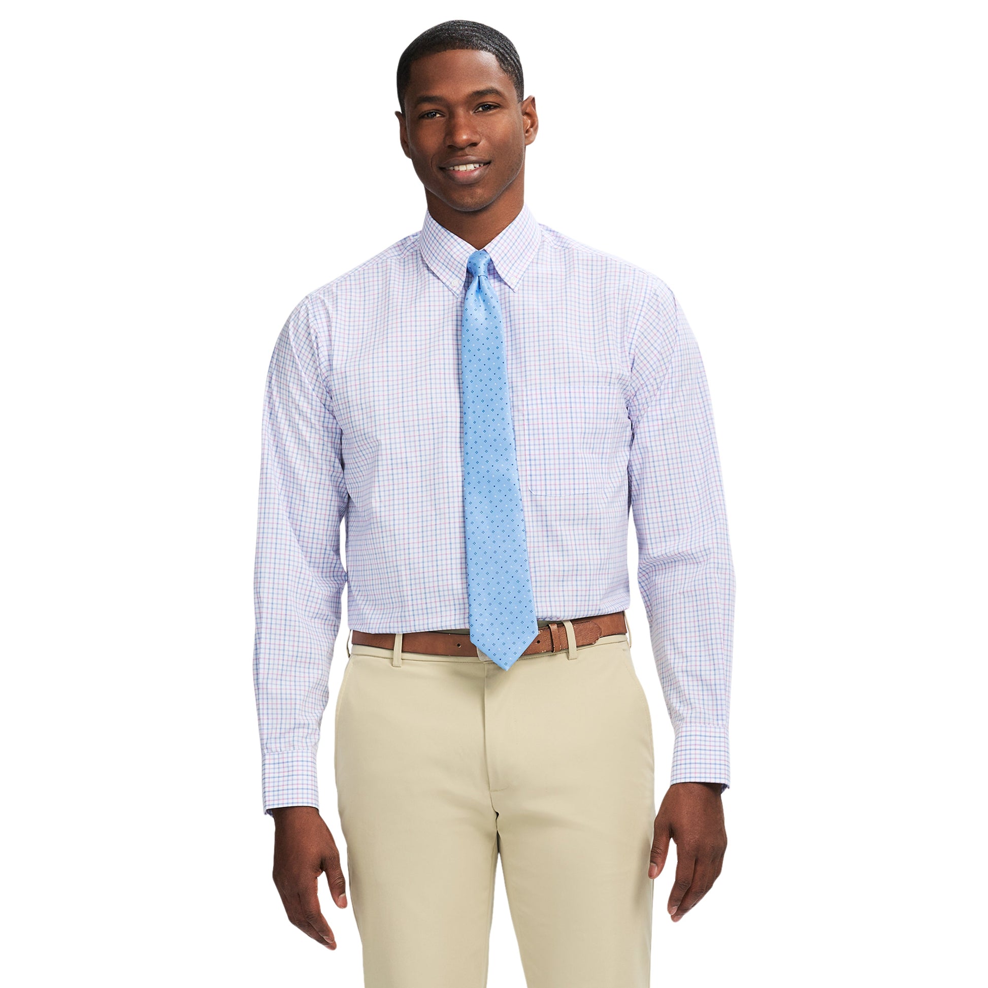 Izod All Over Stretch Plaid Button Down Dress Shirt (Button Down Collar) - Phlox Pink