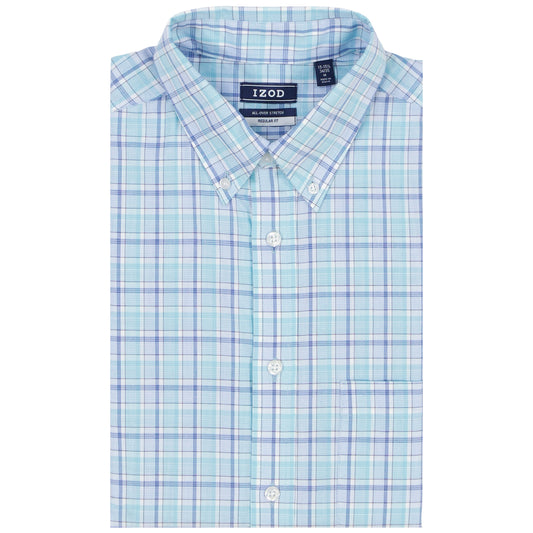 Izod All Over Stretch Plaid Button Down Dress Shirt (Button Down Collar) - Limpet Shell