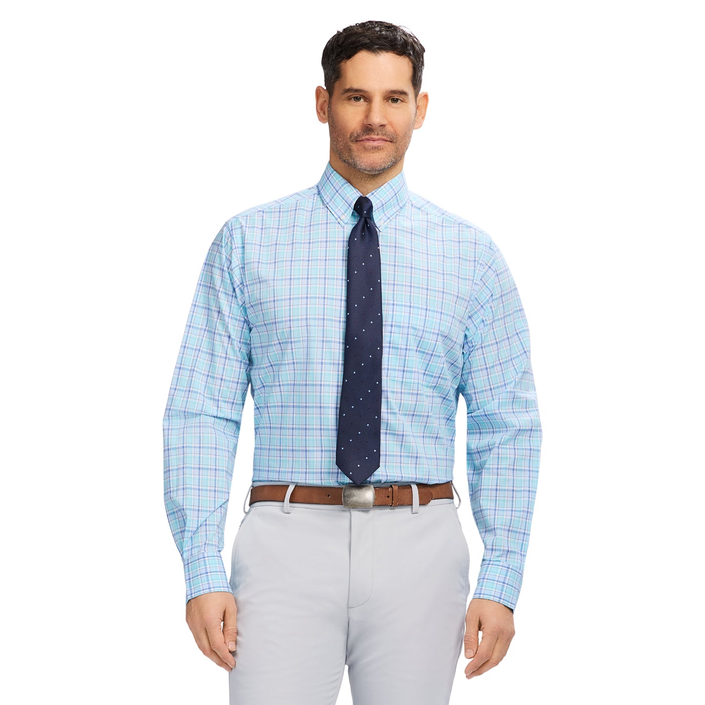 Izod All Over Stretch Plaid Button Down Dress Shirt (Button Down Collar) - Limpet Shell