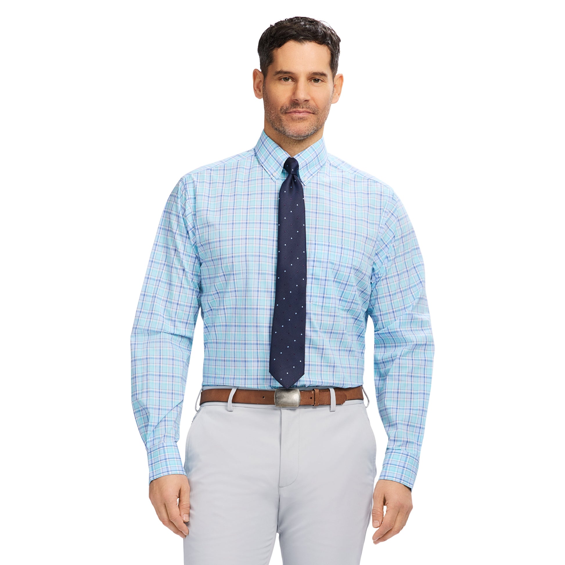 Izod All Over Stretch Plaid Button Down Dress Shirt (Button Down Collar) - Limpet Shell