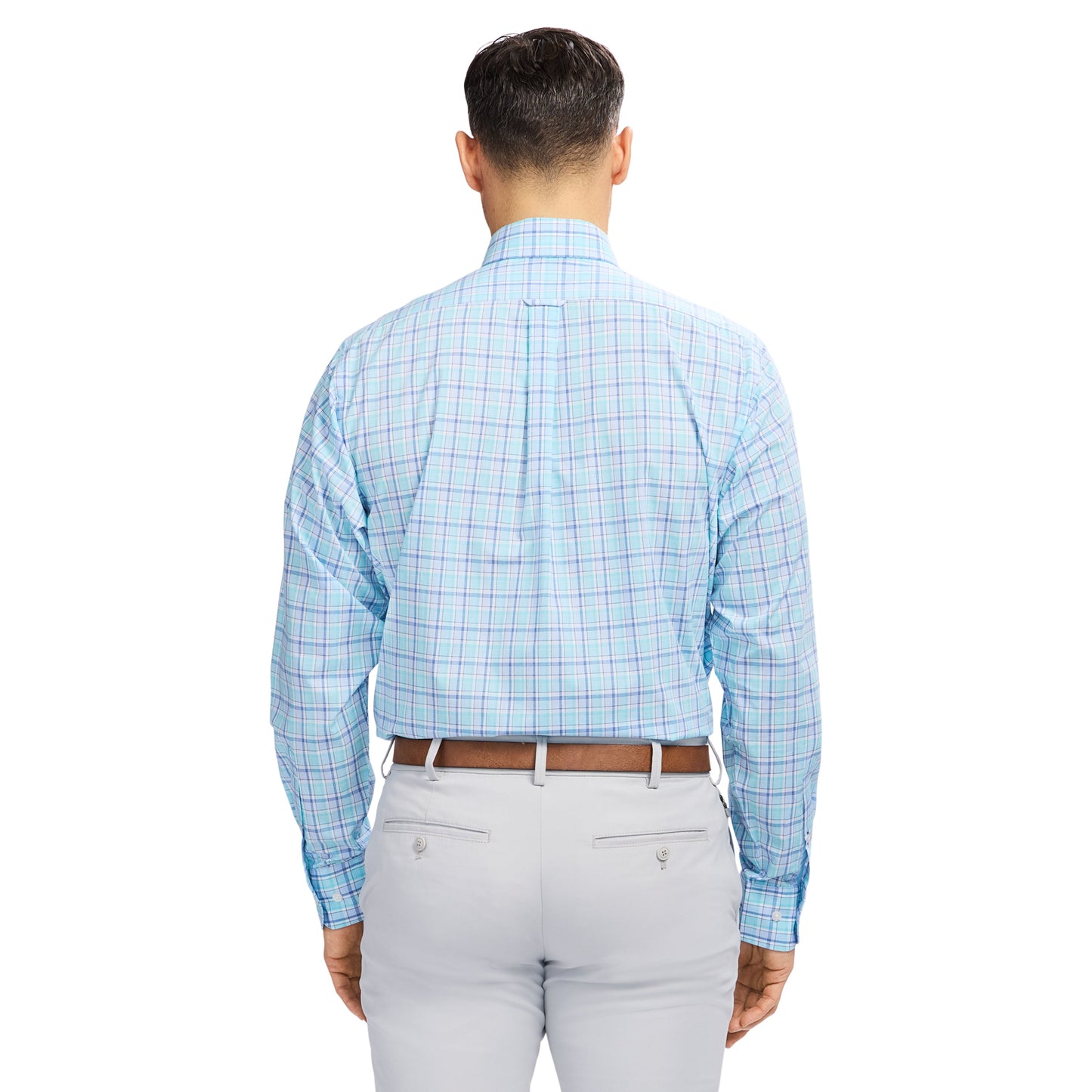 Izod All Over Stretch Plaid Button Down Dress Shirt (Button Down Collar) - Limpet Shell