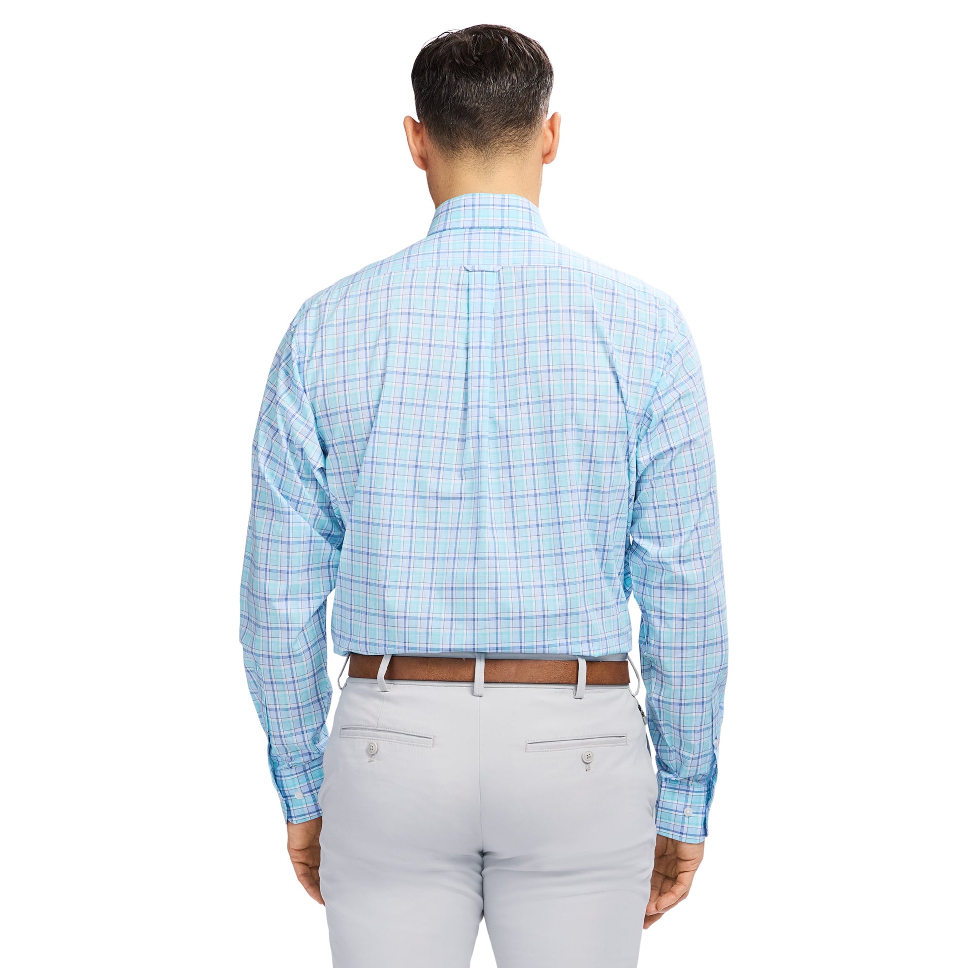 Izod All Over Stretch Plaid Button Down Dress Shirt (Button Down Collar) - Limpet Shell