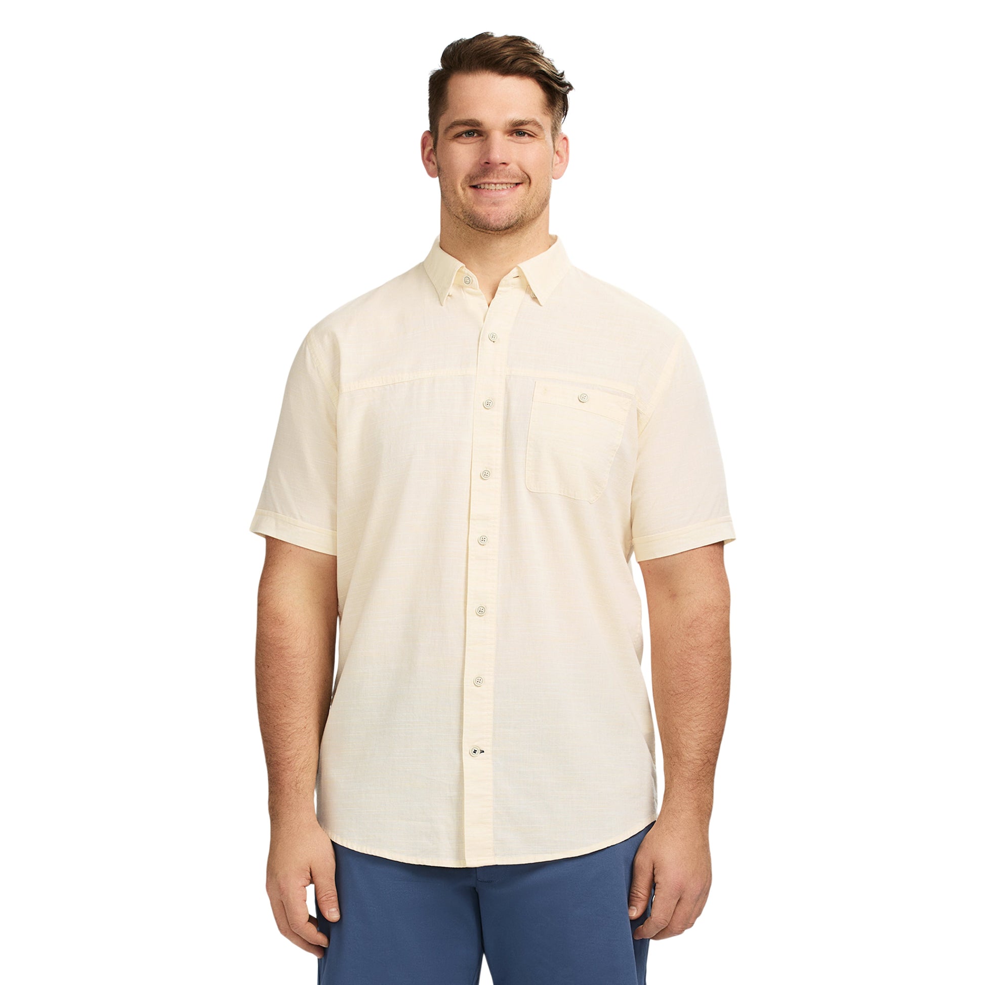 Izod Big & Tall Dockside Solid Chambray Short Sleeve Button Down Shirt - Banana Cream