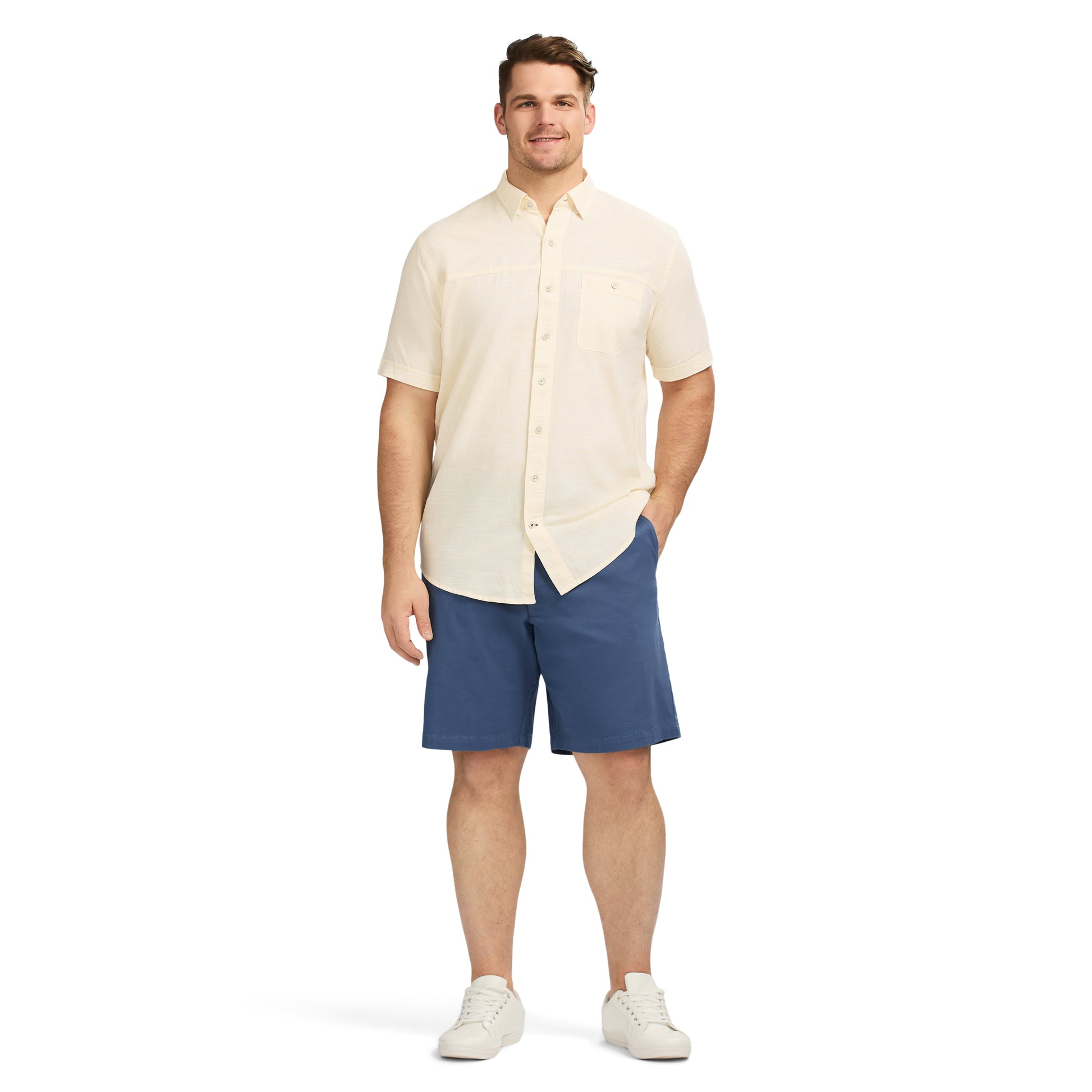 Izod Big & Tall Dockside Solid Chambray Short Sleeve Button Down Shirt - Banana Cream