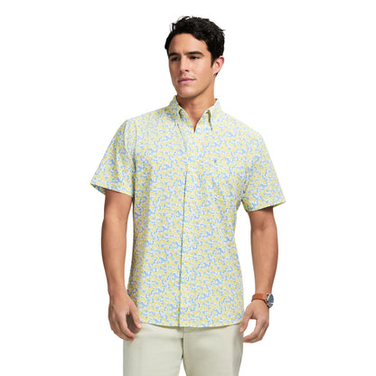 Izod Breeze Short Sleeve Printed Button Down Shirt - Lemon Meringue