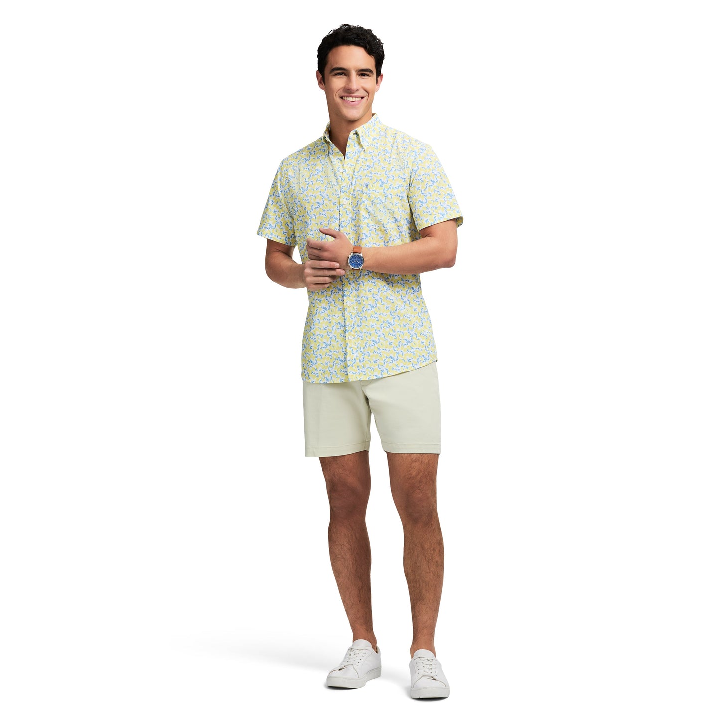Izod Breeze Short Sleeve Printed Button Down Shirt - Lemon Meringue