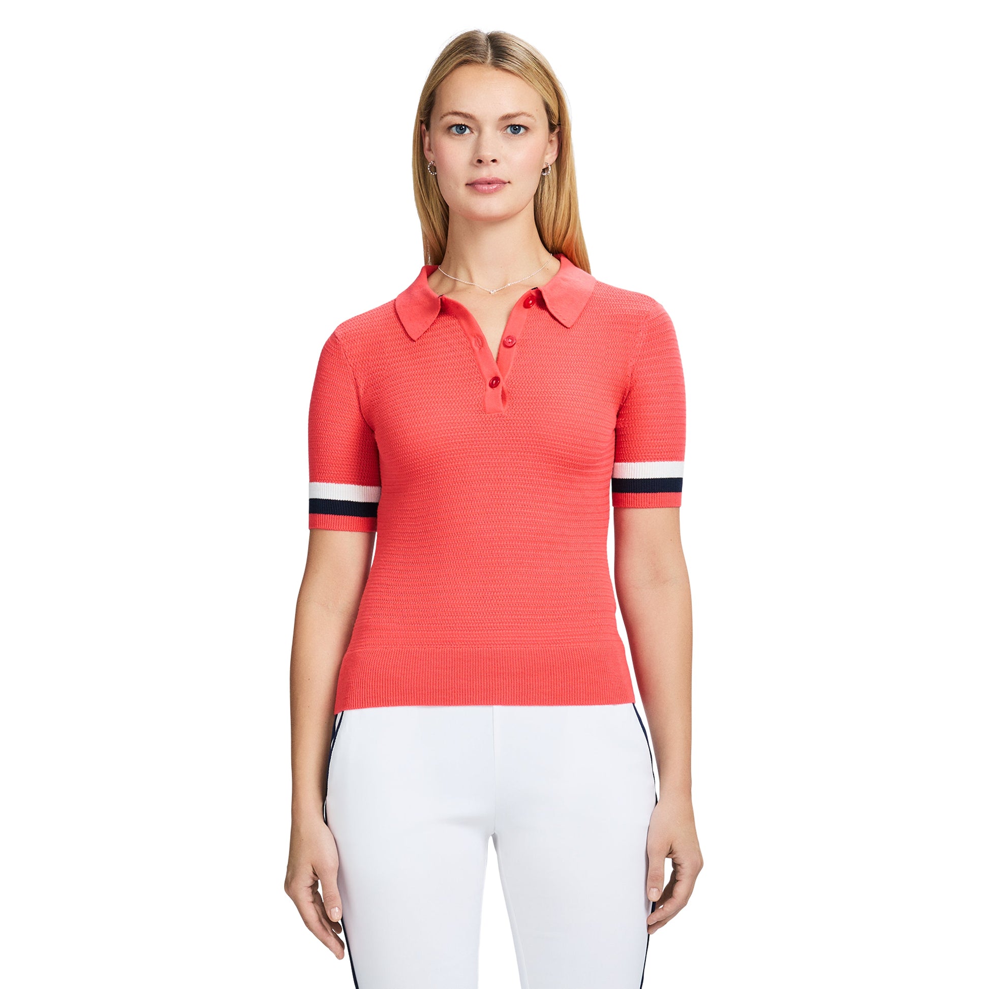 Izod RAQUEL SHORT SLEEVE POINTELLE SWEATER POLO - CAYENNE