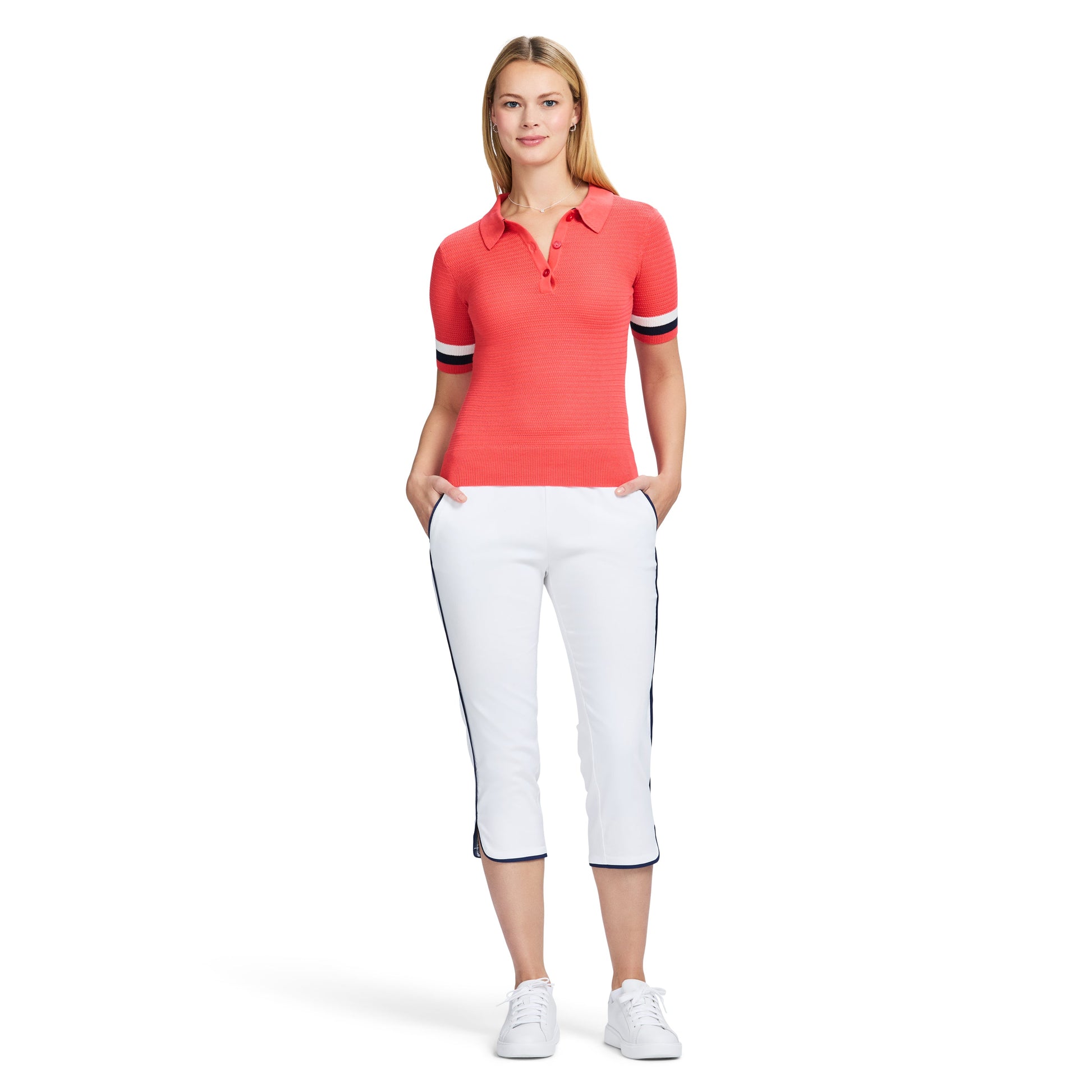 Izod RAQUEL SHORT SLEEVE POINTELLE SWEATER POLO - CAYENNE