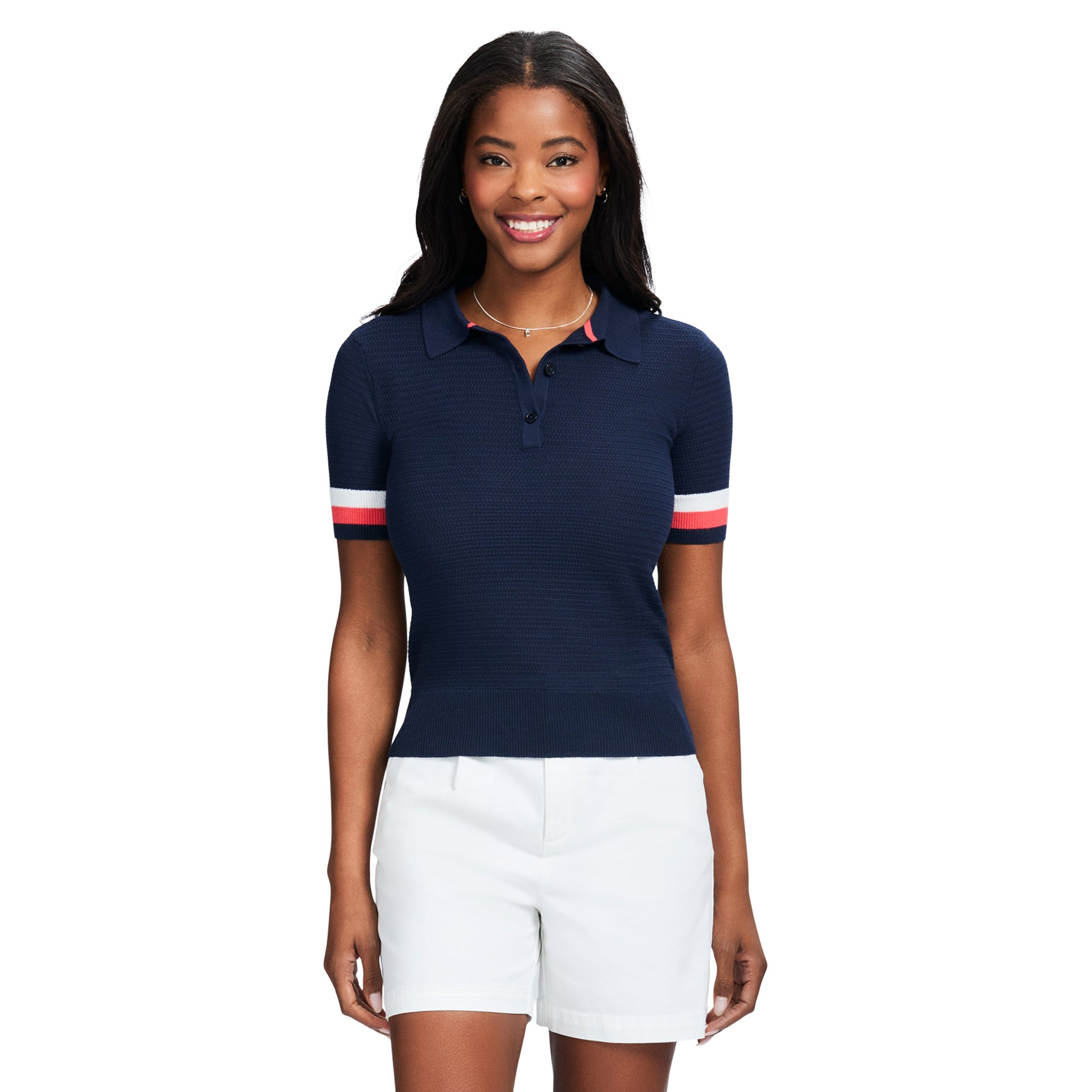 Izod RAQUEL SHORT SLEEVE POINTELLE SWEATER POLO - MEDIEVAL BLUE