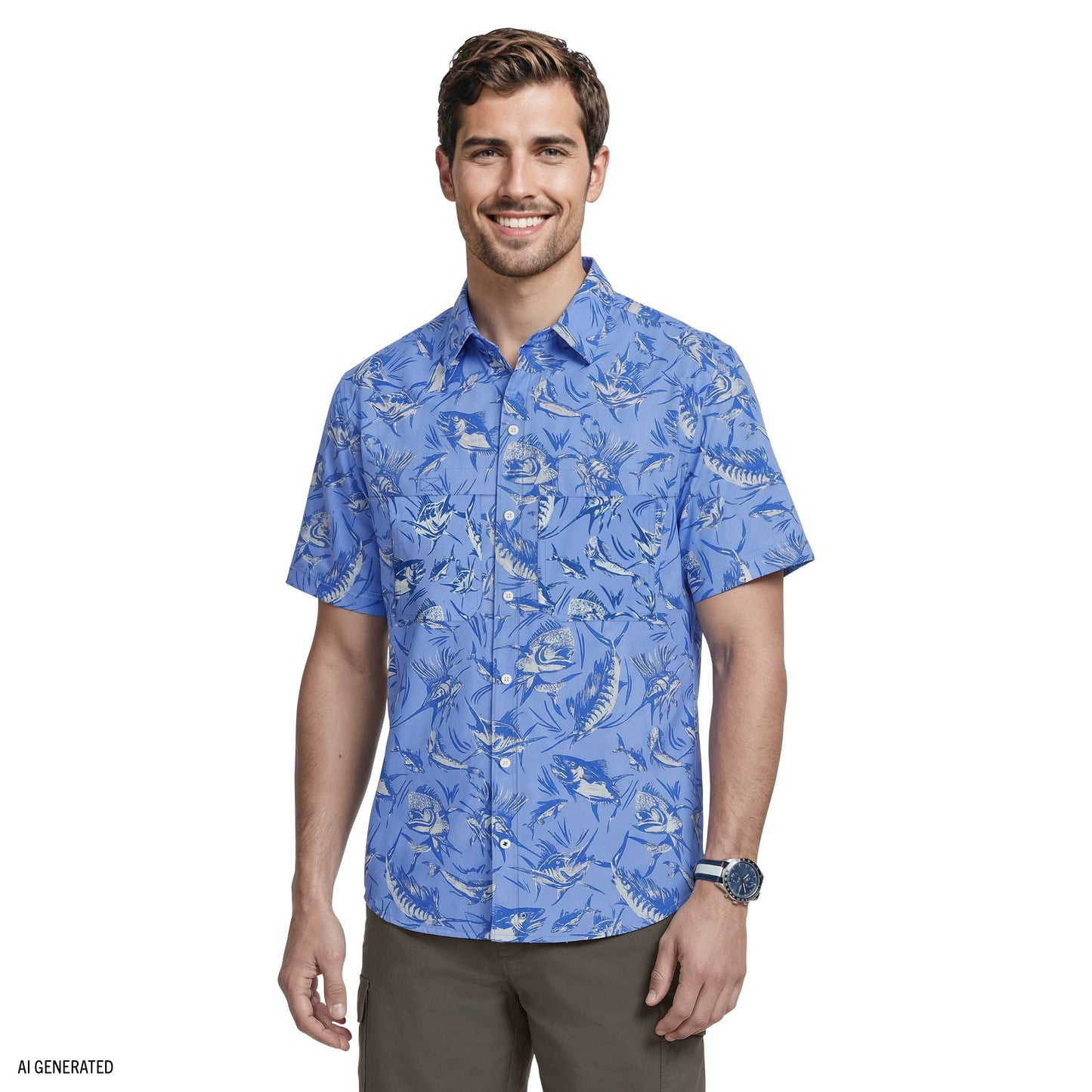 Izod SUNSHIELD PERFORMANCE S/S PRINTED BUTTON-DOWN SHIRT - CORNFLOWER BLUE