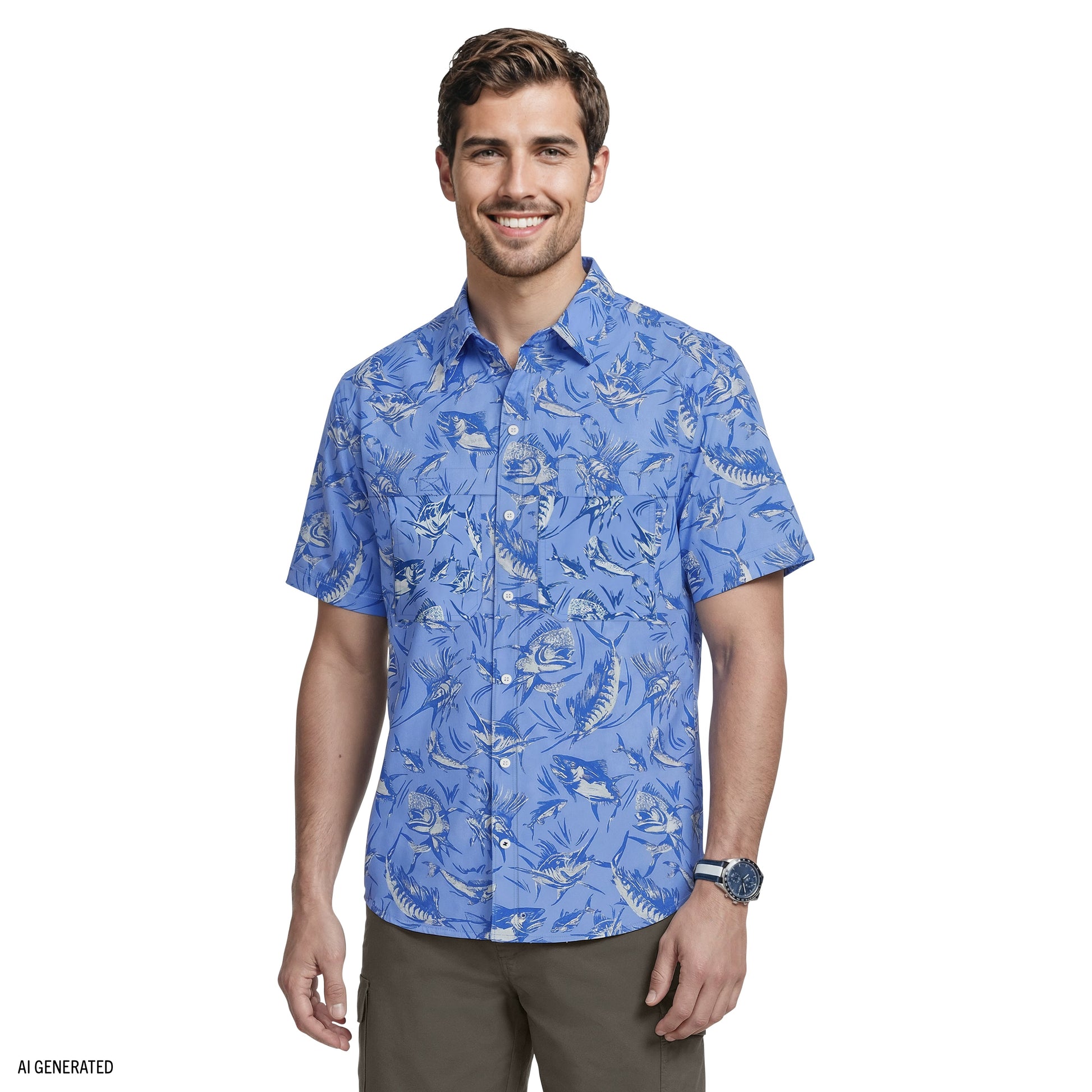 Izod SUNSHIELD PERFORMANCE S/S PRINTED BUTTON-DOWN SHIRT - CORNFLOWER BLUE