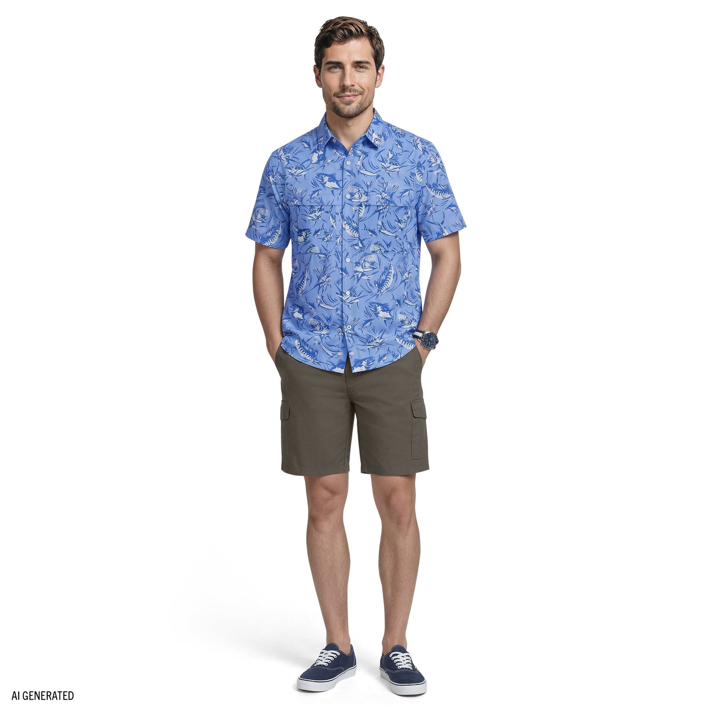 Izod SUNSHIELD PERFORMANCE S/S PRINTED BUTTON-DOWN SHIRT - CORNFLOWER BLUE