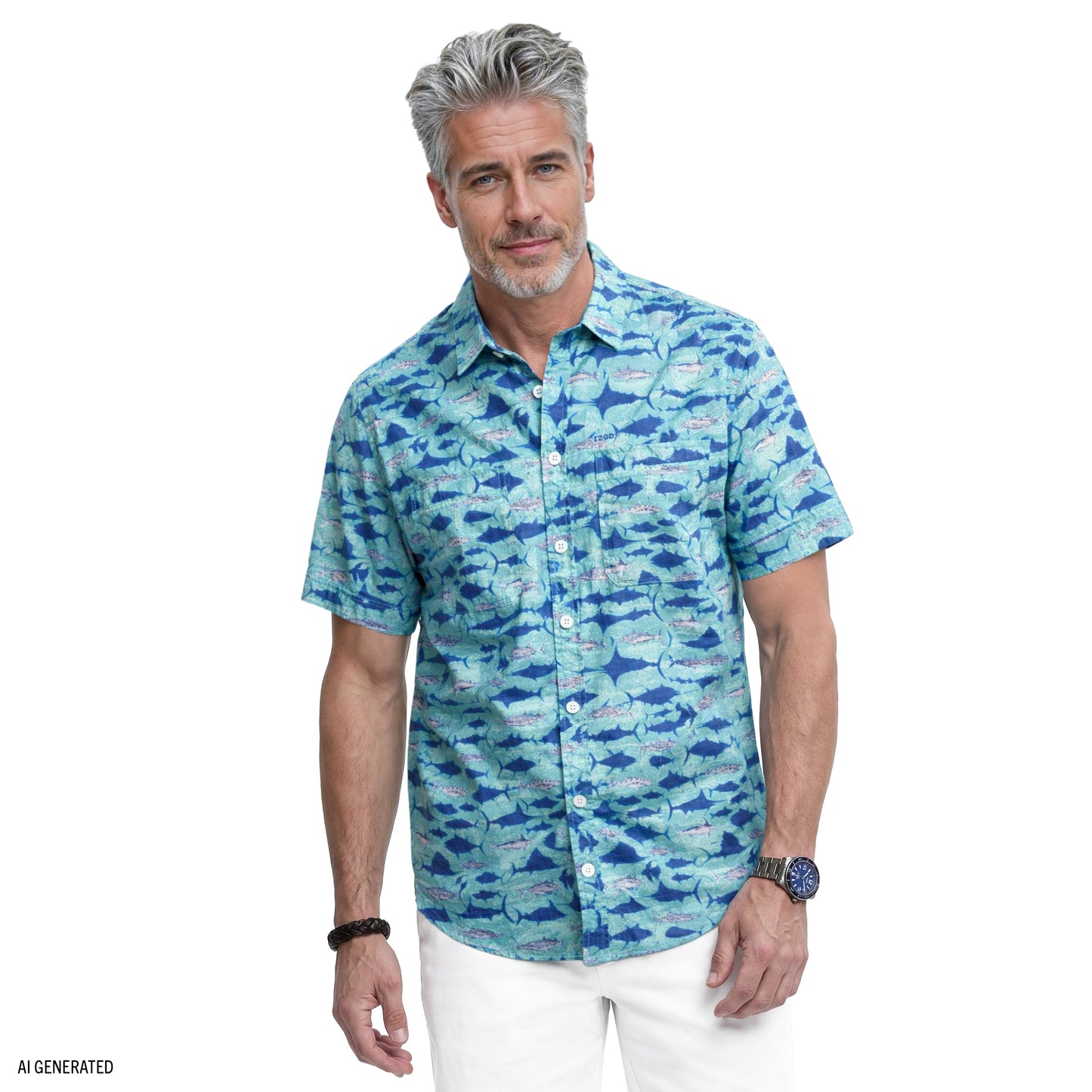 Izod SUNSHIELD PERFORMANCE S/S PRINTED BUTTON-DOWN SHIRT - TEAL