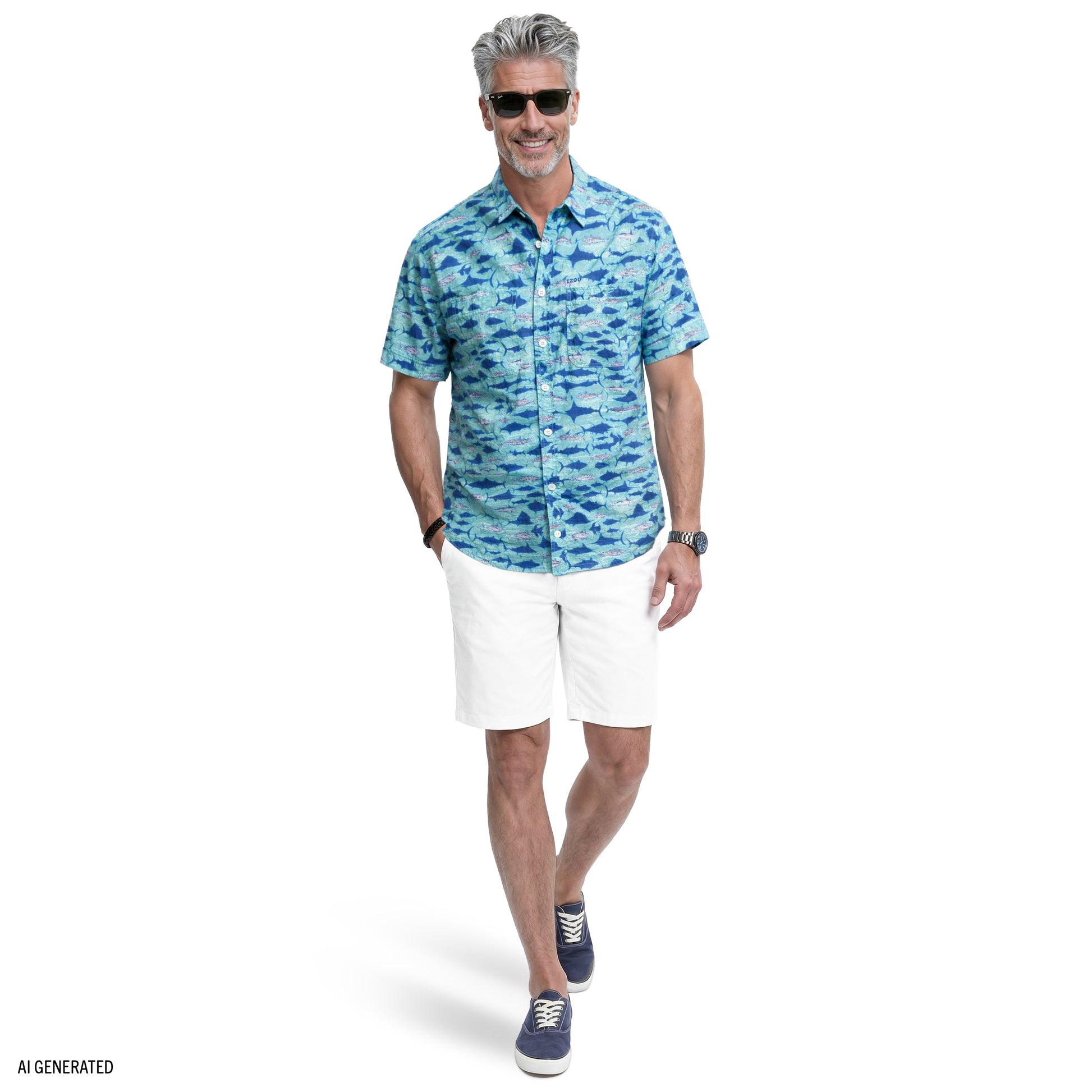 Izod SUNSHIELD PERFORMANCE S/S PRINTED BUTTON-DOWN SHIRT - TEAL
