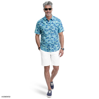 Izod SUNSHIELD PERFORMANCE S/S PRINTED BUTTON-DOWN SHIRT - TEAL